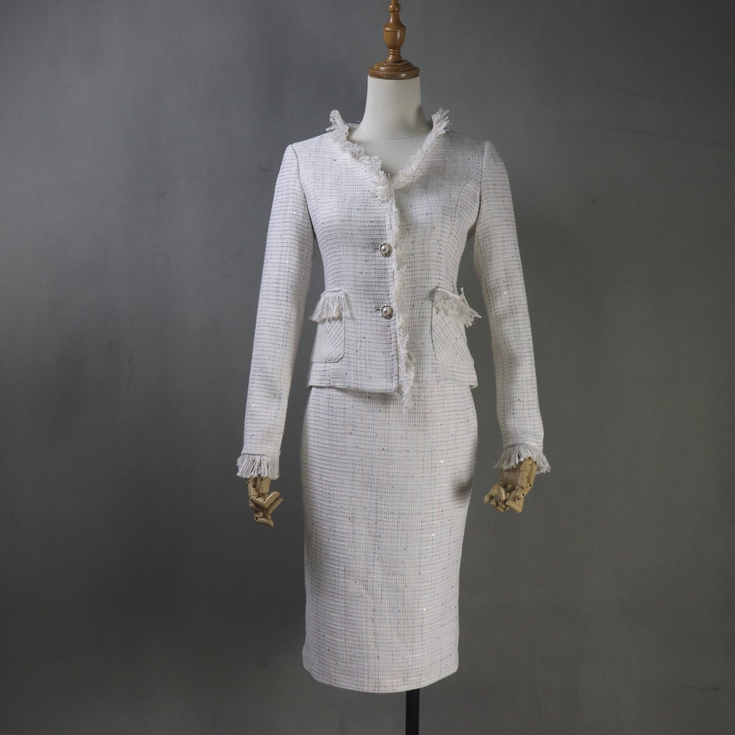 Custom Made Cream White Sequinned Tweed Skirt Suit Set, Any Size - Fashion Pioneer 