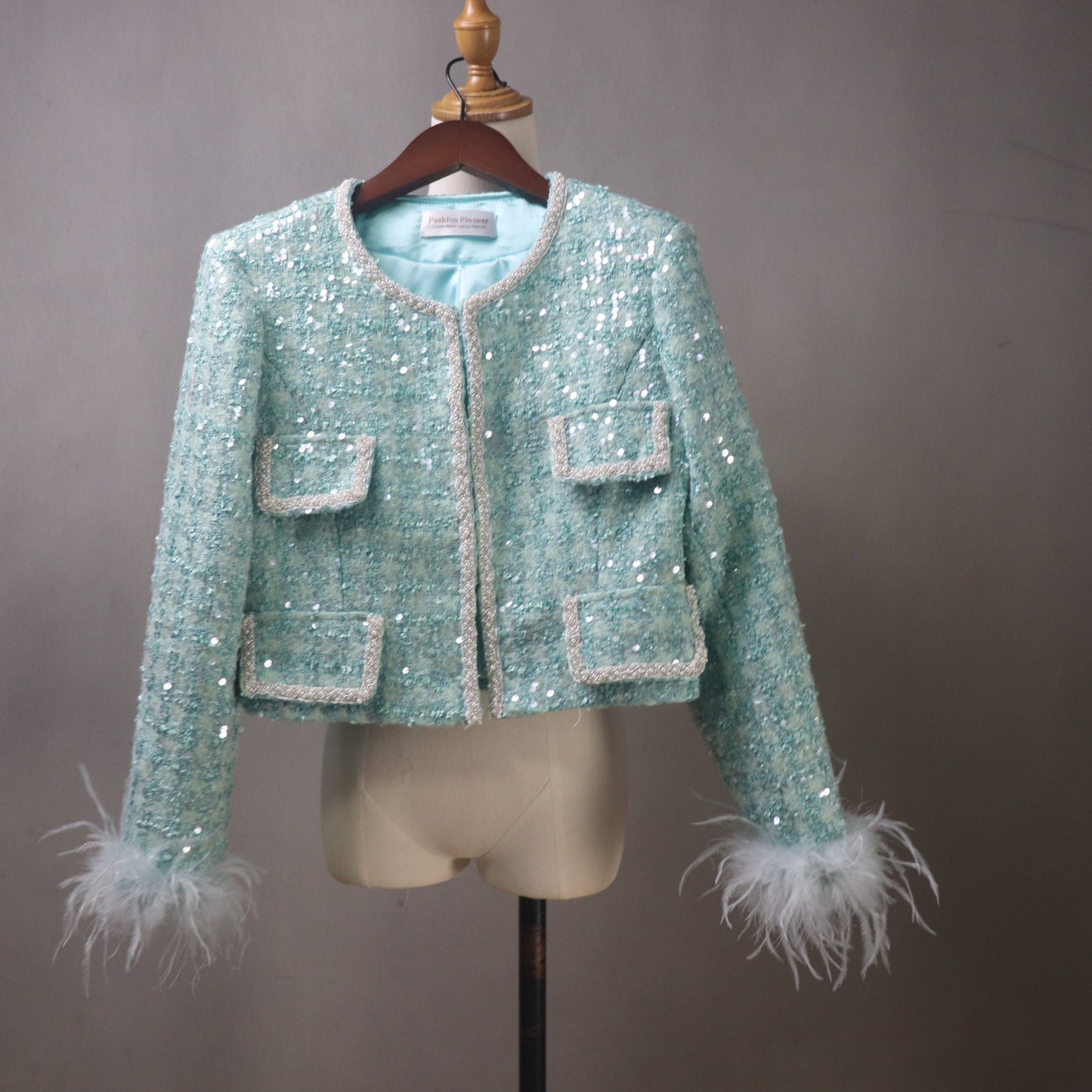 Custom Aqua Sequin Tweed Skirt Suit – Made-to-Measure, Fish Tail Skirt Set with Feather Cuffs