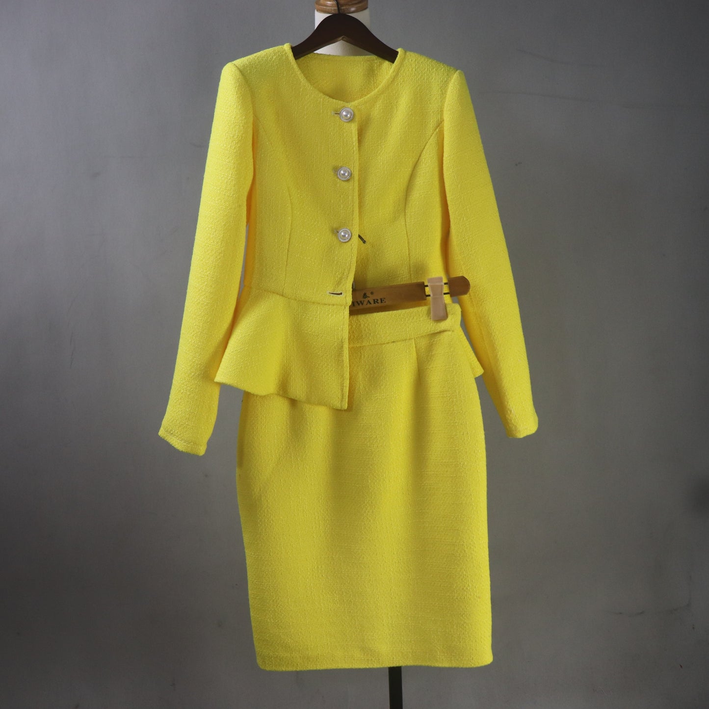 Luxury yellow two-piece skirt suit for wedding guests, church events, business occasions, and formal celebrations