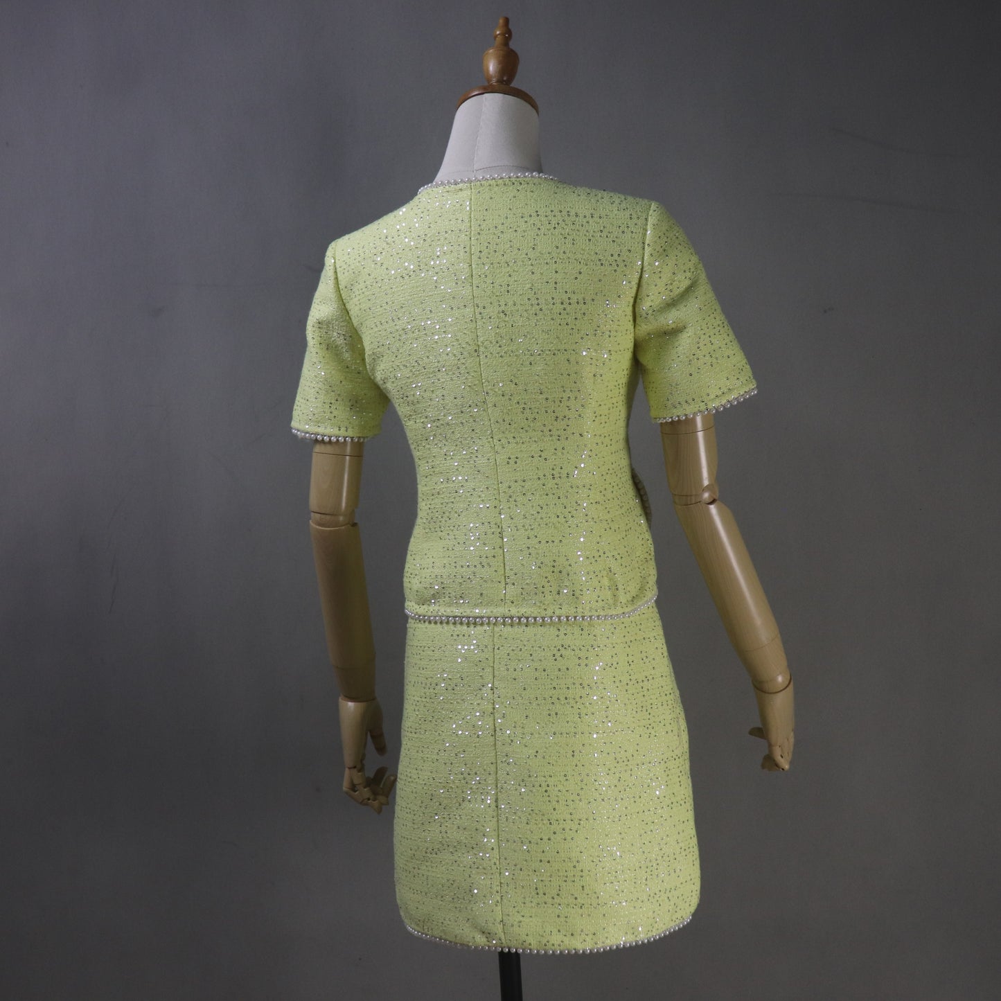 Custom Yellow Tweed Suit Set, Pearl Trim Sequin Jacket Skirt - Fashion Pioneer 