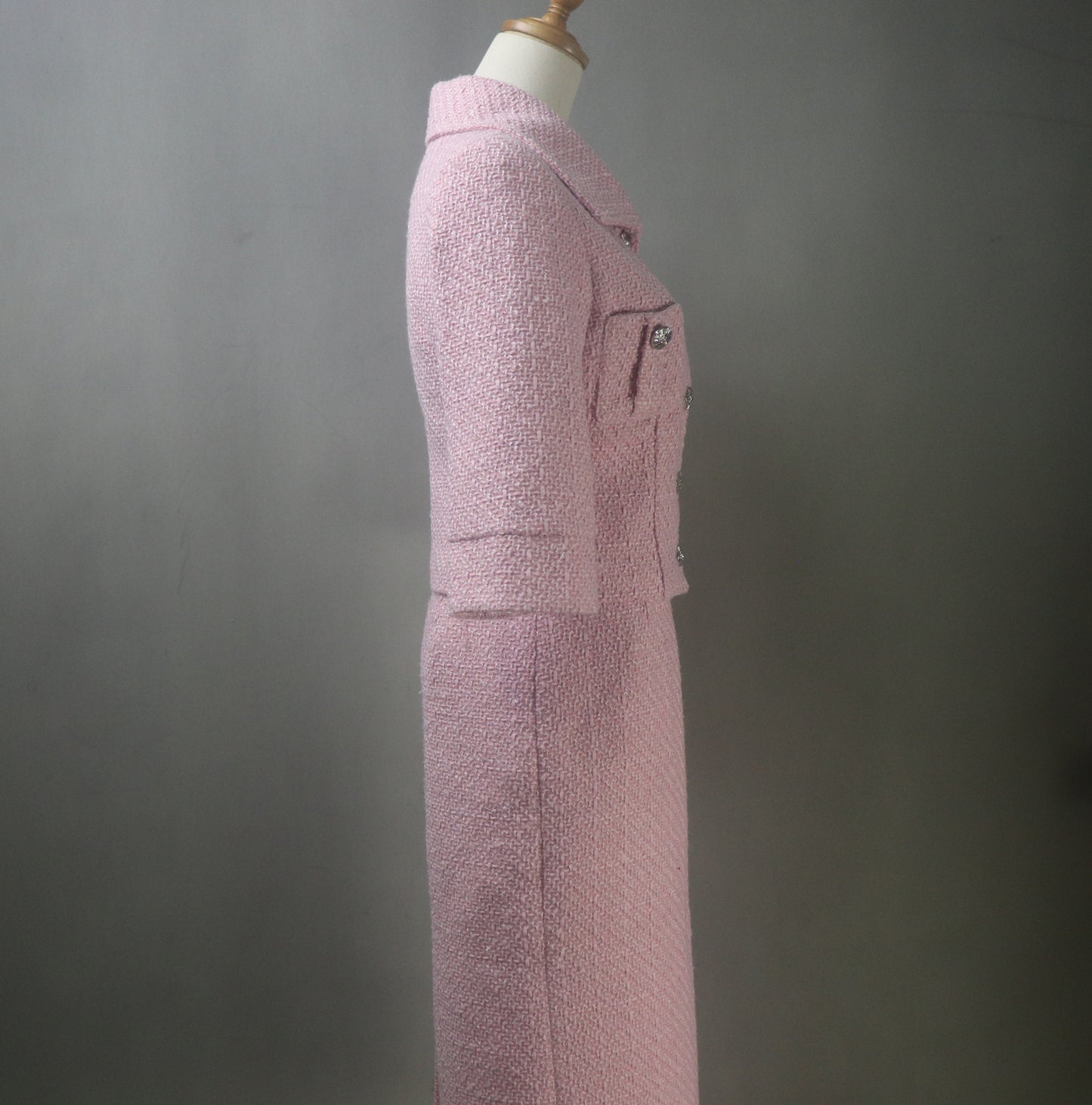 Women Pink Tweed Skirt Suit with Crop Sleeves