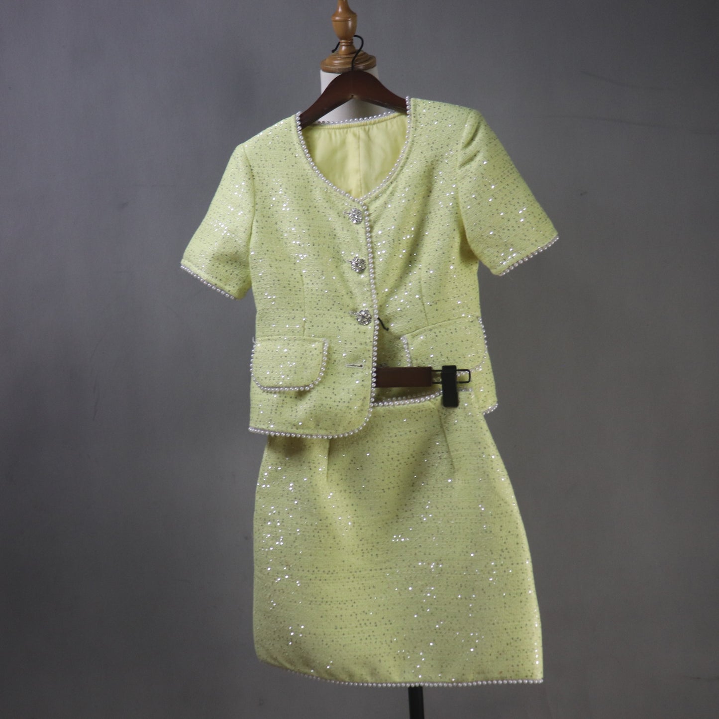 Custom Yellow Tweed Suit Set, Pearl Trim Sequin Jacket Skirt - Fashion Pioneer 