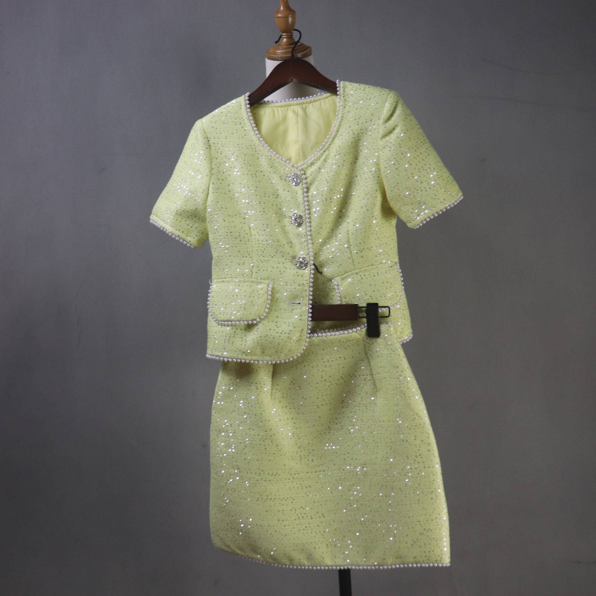 Custom Yellow Tweed Suit Set, Pearl Trim Sequin Jacket Skirt - Fashion Pioneer 