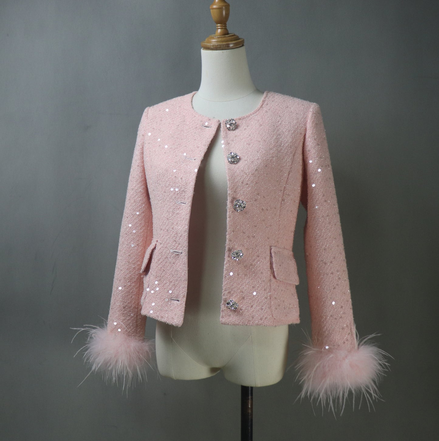 Women Pink Sequinned Jacket  With Faux Fur Trim