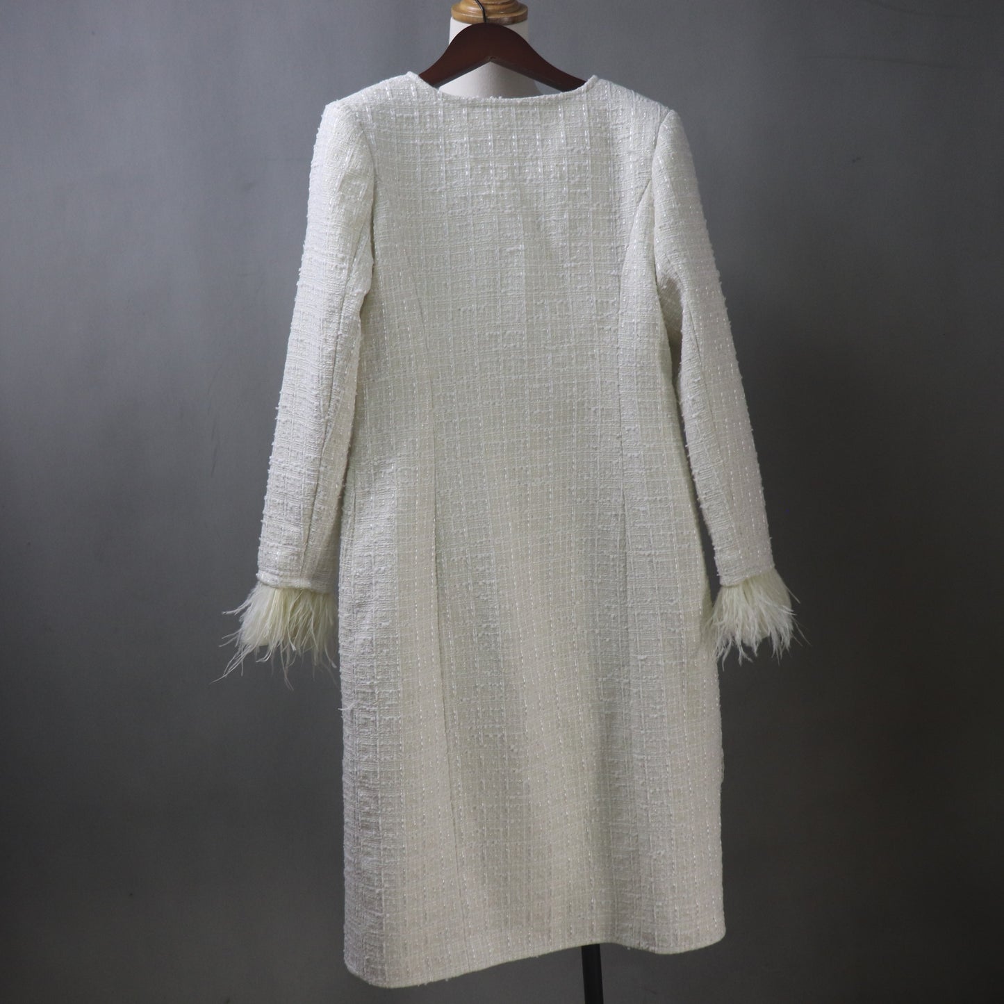 Luxurious Custom Tweed White Overcoat - Made-to-Measure Winter Jacket, Feather Trim, All Sizes and Any Length