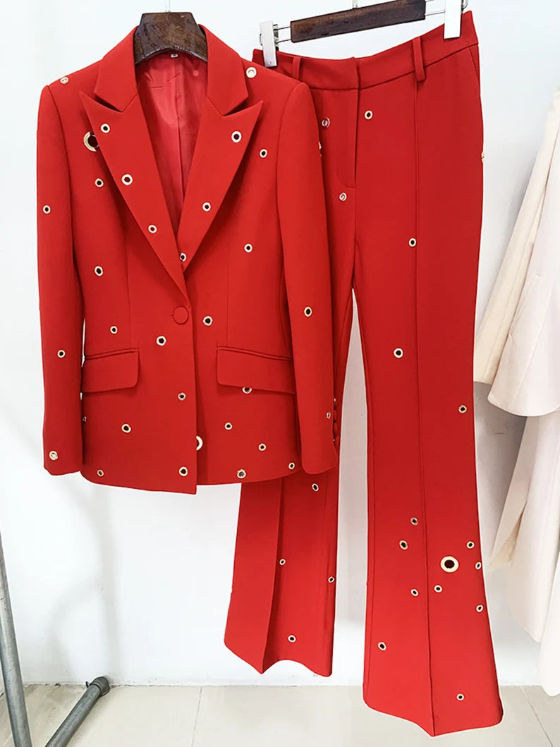 Women's Mid-High Rise Flare Trousers with Handmade Metal Rings Blazer, Red Wedding Suit, Graduation Ceremony, Speech Day, UK  Thanks to the Big Metal Ring decoration, this ensemble never gets boring. Ideal for dress-up events like birthday parties, club outings, or dinner dates. even appropriate for costumed gatherings.