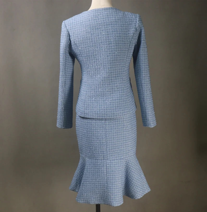 Women Custom Made Tweed Blue Fishtail Skirt Suit for Ceremony