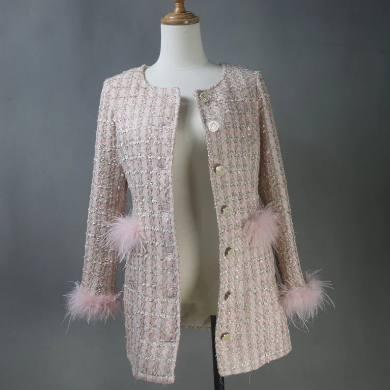 Made to Order Faux Fur Cuffs Tweed Long Coat Light Pink, Wedding