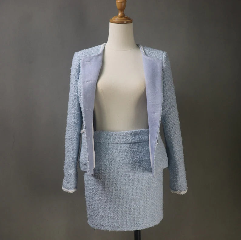 Tailor Made Bespoke Light Blue Suit Tweed  Blazer + Skirt for Women