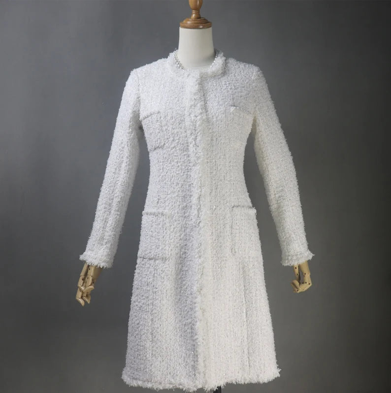 Specially crafted Tweed Long / Short Sheath Dress + Long / Short Coat White White tweed sheath dress Summer Wedding Dress