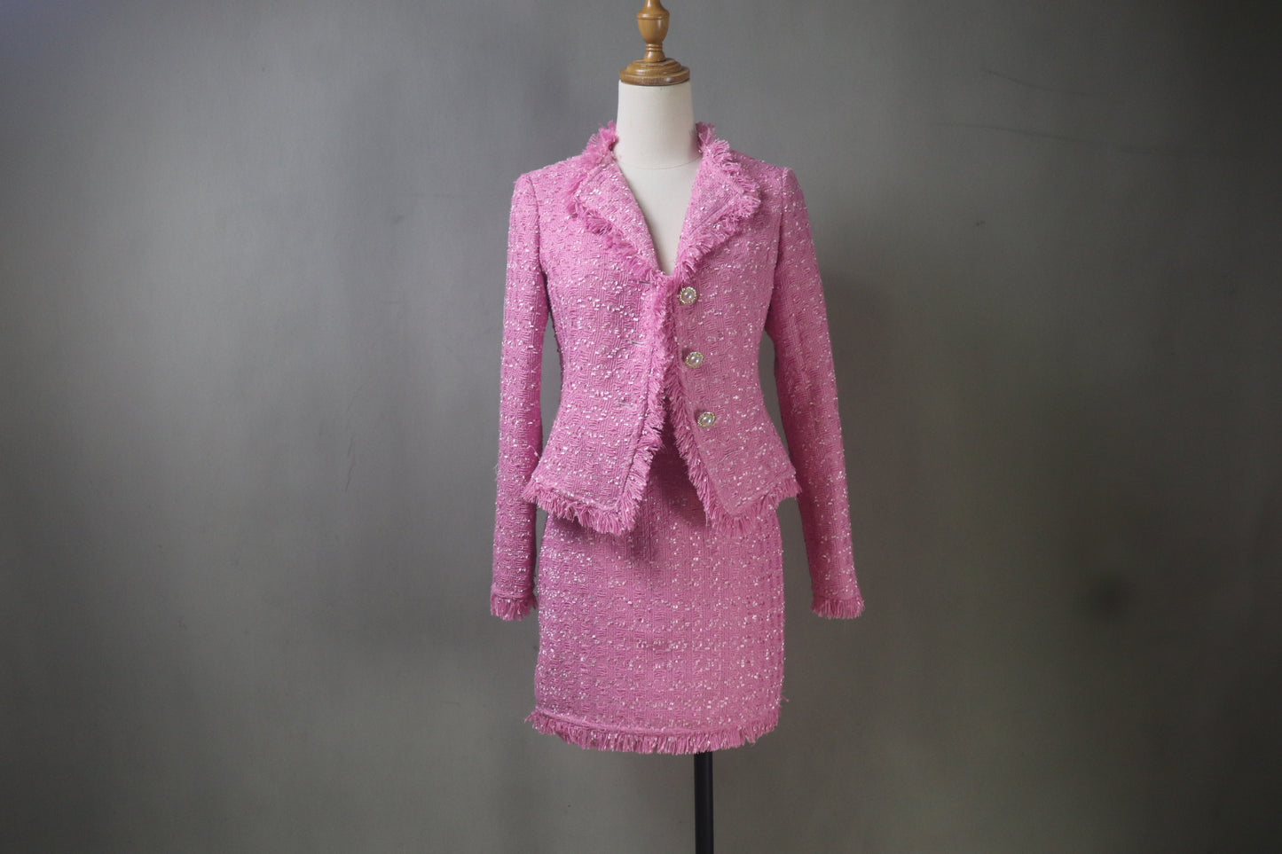 Custom Made Chic Pink Tweed Skirt Suit,  Structured Blazer & Skirt in any length