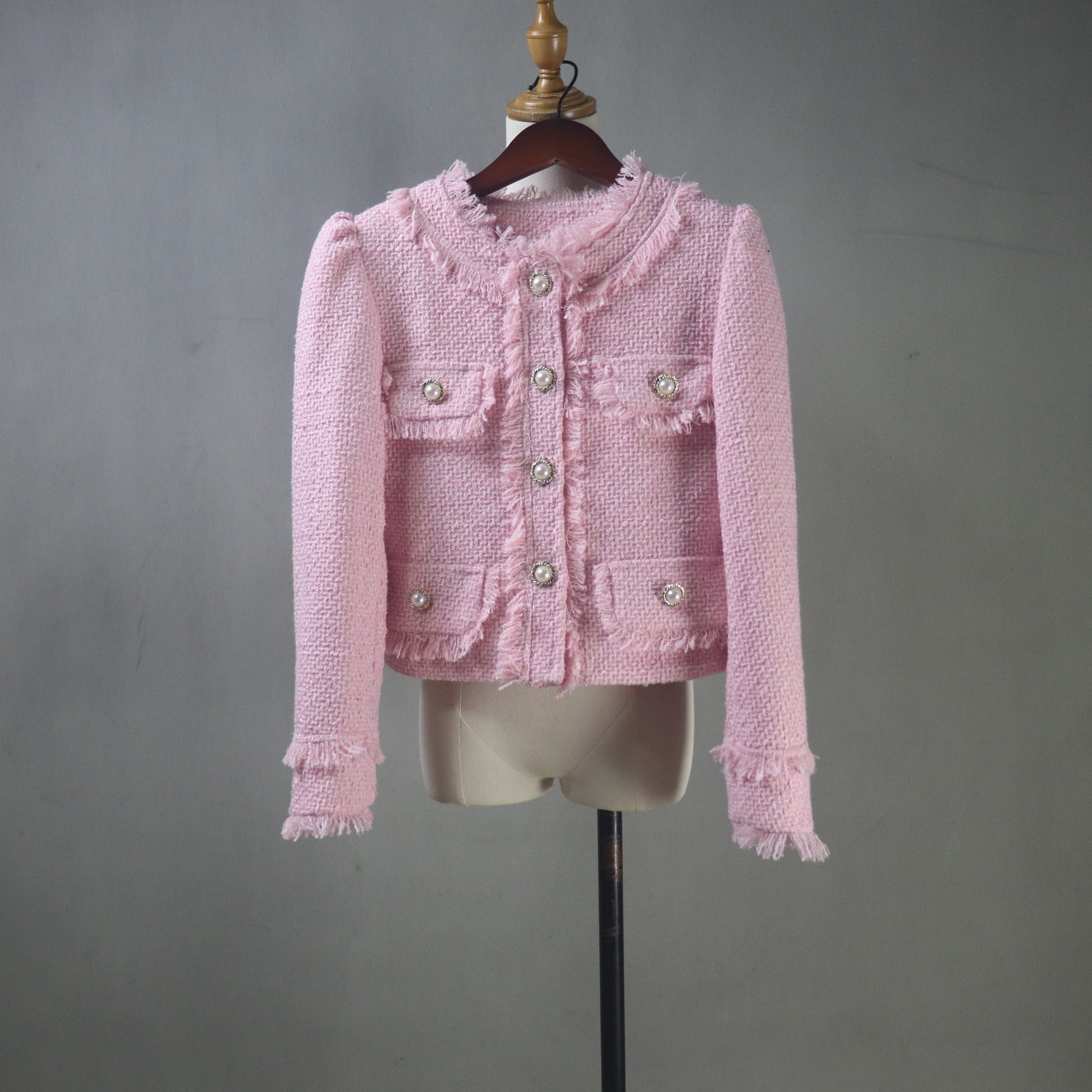 Custom Made Pink Tweed Skirt Suit Women | Puff Sleeves | Any Size - Fashion Pioneer 