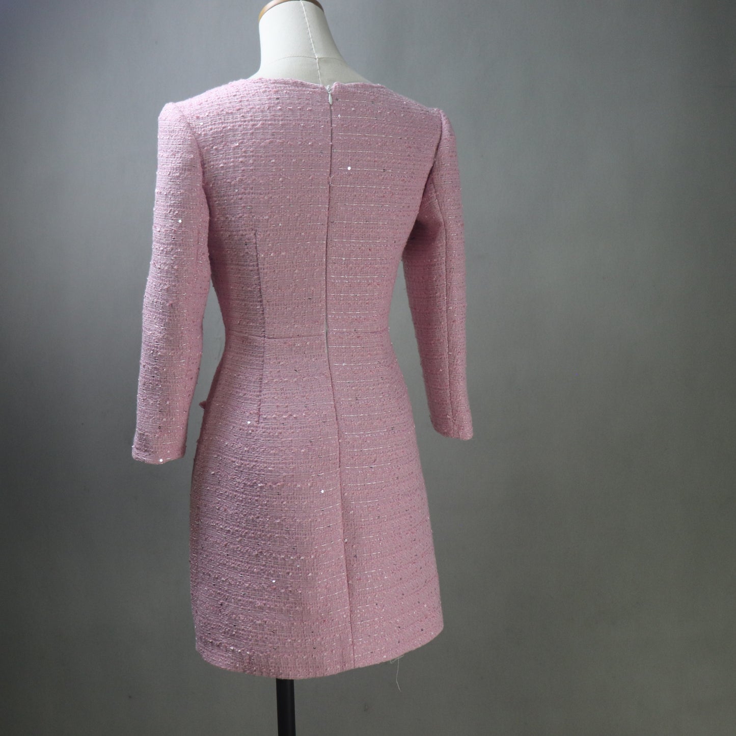 Custom Pink Tweed Dress – Made to Order Square Neck Shift with Crystal Buttons & Sequins