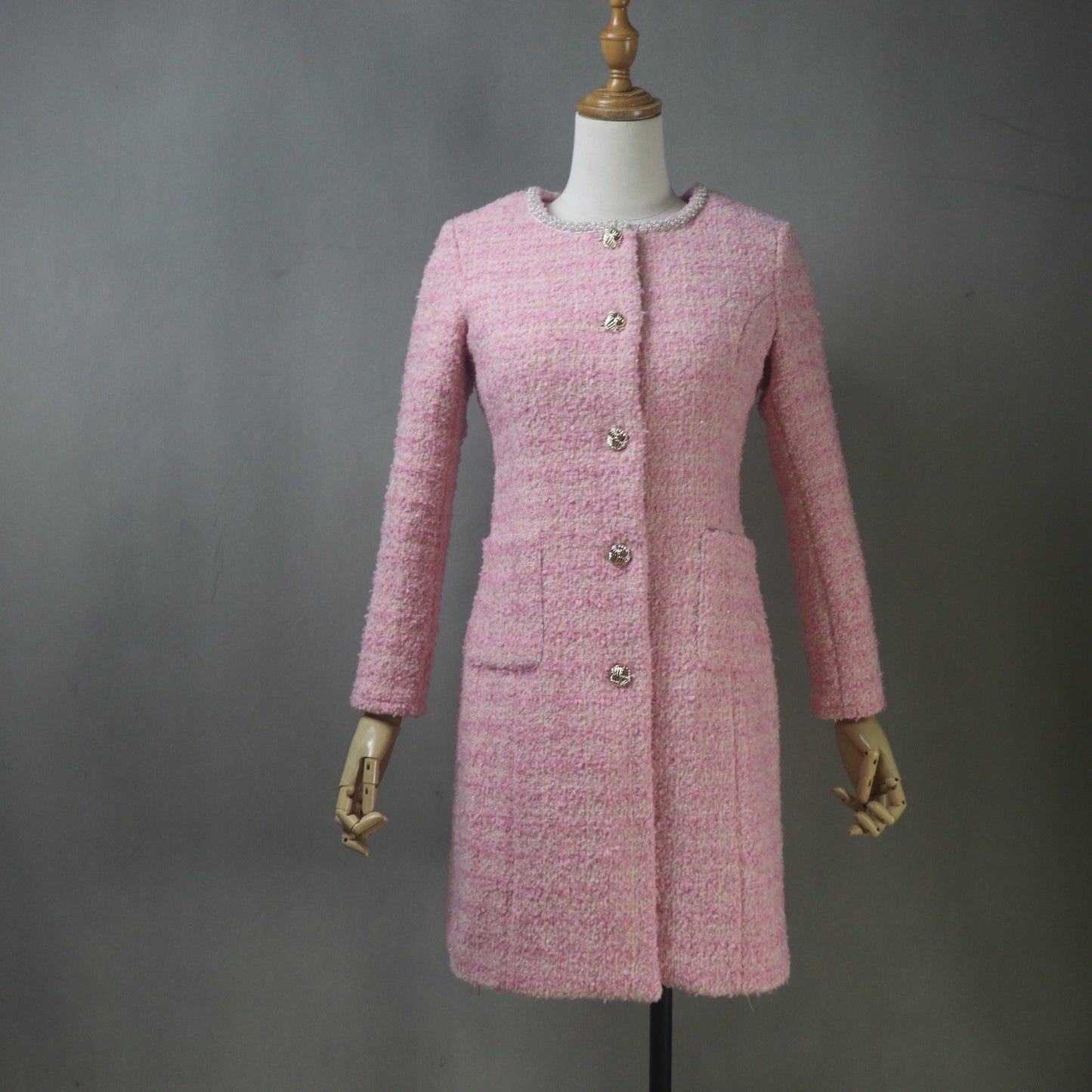Pink Tweed Dress and Long Coat Set, Made-to-Measure, Any length