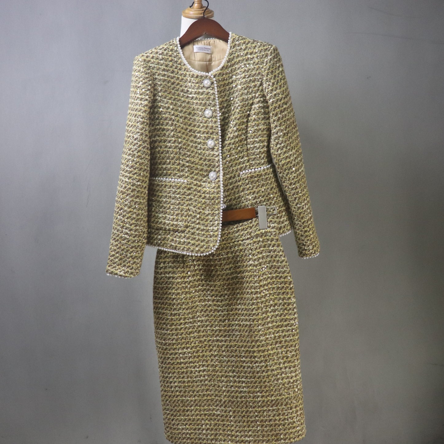 Gold Yellow Brown Tweed Skirt Suit with Sequins, Pearl Trim & Buttons – Custom Made, Any Length