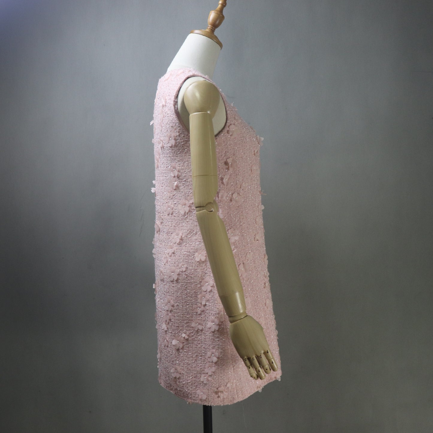 Light Pink Tweed Dress with 3D Flower Embellishments – Custom Made Mini to Midi Dress, long sleeves, Plus Sizes