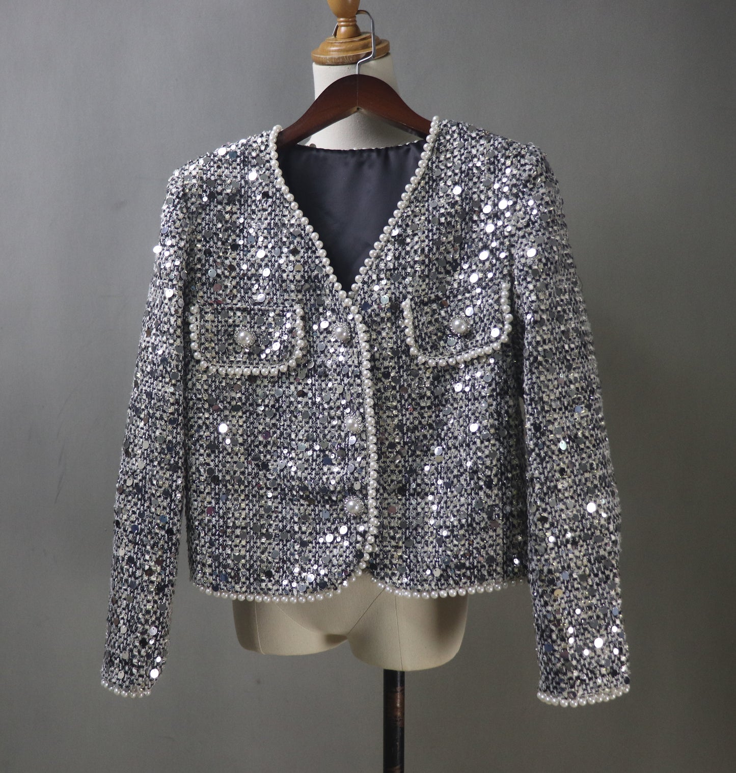 Women Grey Sequinned Jacket With Pearls / Custom Sizes