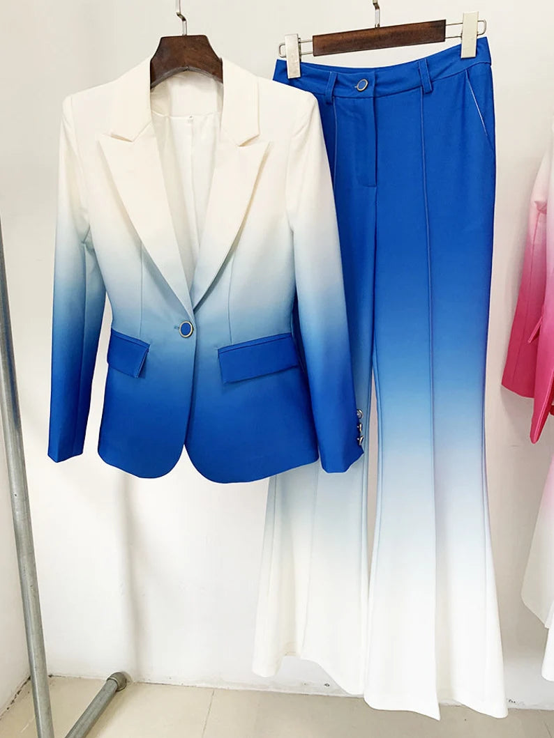 Our Women's Green/Hot Pink/Royal Blue Gradient Blazer and Mid-High Rise Flare Trousers Pants Suit will elevate your look and turn heads. This striking outfit is meant to make you stand out during formal occasions, speech days, weddings, and graduations, among other significant events.