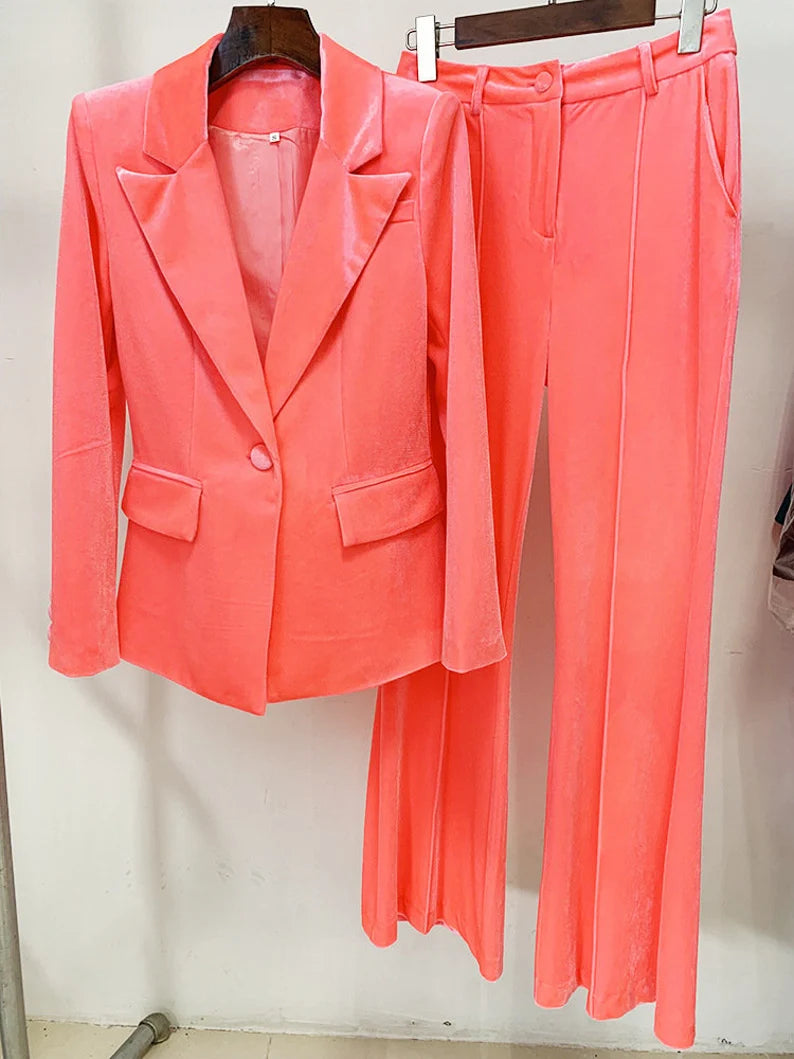 Women and Teens Orange Pink Blazer + Mid-High Rise Flare Trousers Pants Suit, Graduation, Speech Day, Birthday Party,  This women's velvet suit is the epitome of sophistication and style, featuring a blazer and mid-high rise flare trousers in a captivating color combination of brown, green, and purple. The luxurious velvet fabric exudes elegance, making it a perfect choice for special occasions like weddings, graduations, speech days, and birthday parties.