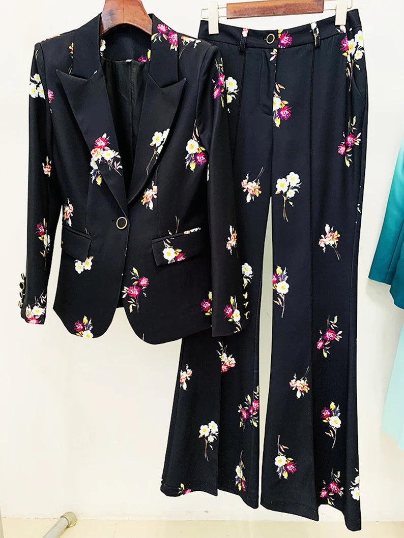 Black Floral Suit Fitted Blazer + Flare Trousers