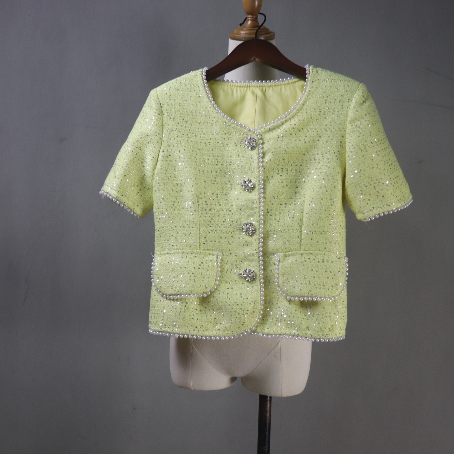 Custom Yellow Tweed Suit Set, Pearl Trim Sequin Jacket Skirt - Fashion Pioneer 
