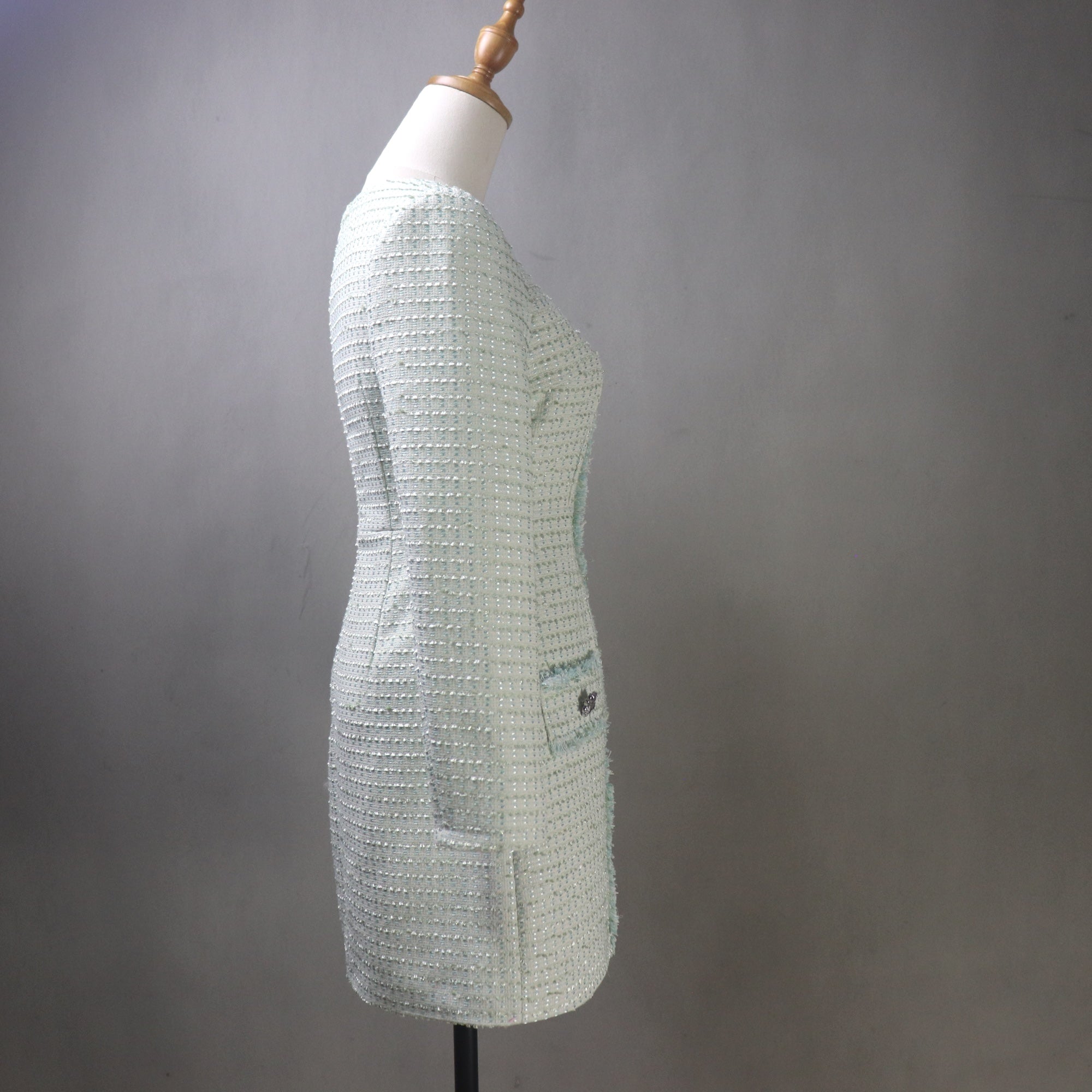 light green spaghetti strap dress Chanel 19S Green Tweed Dress – Wararni.com main image 0