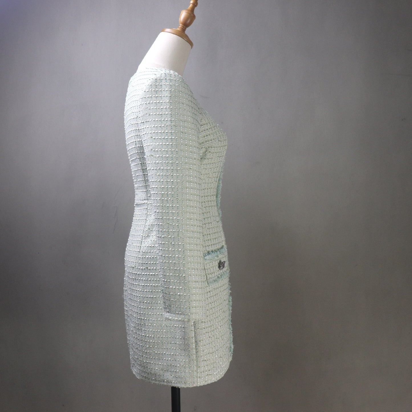 Custom Pink Tweed Dress – Made to Order Square Neck Shift with Crystal Buttons & Sequins