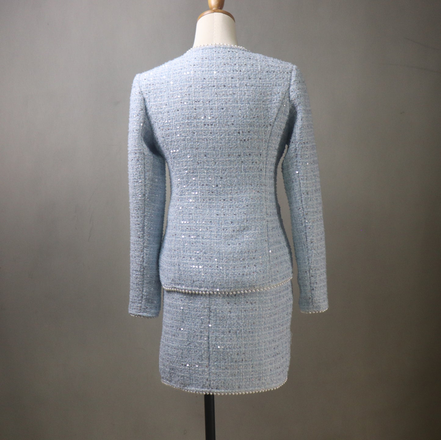 Bespoke Blue Tweed Skirt Suit With Pearls & Sequins