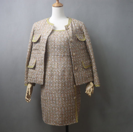 Custom Made Tweed Golden Brown Suit Jacket + Dress