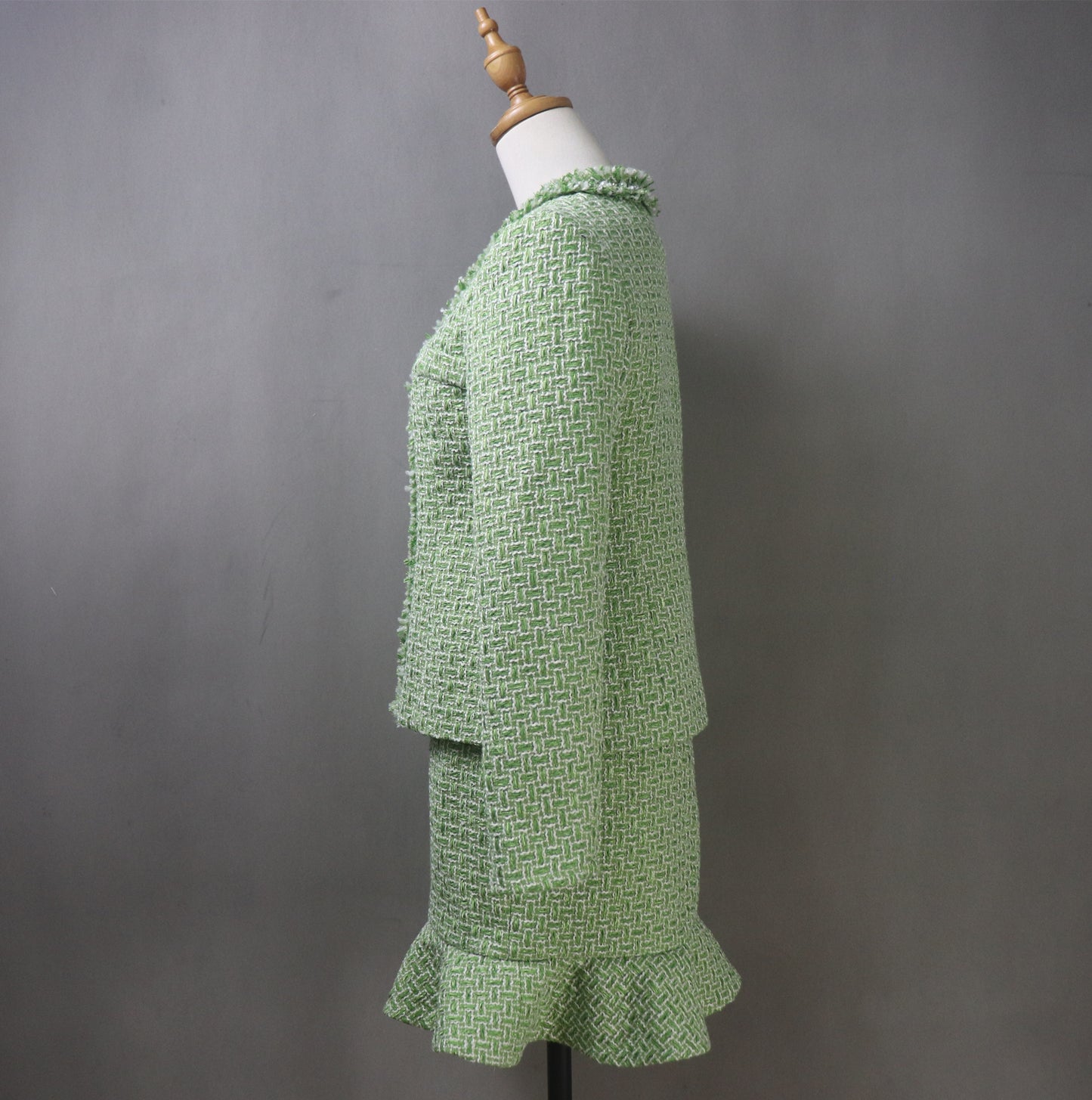 Lime Cream Tweed Fishtail Skirt Suit with Tassel Fringe & Pearls