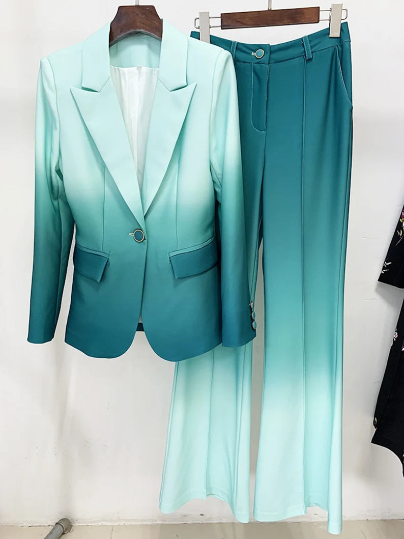 Our Women's Green/Hot Pink/Royal Blue Gradient Blazer and Mid-High Rise Flare Trousers Pants Suit will elevate your look and turn heads. This striking outfit is meant to make you stand out during formal occasions, speech days, weddings, and graduations, among other significant events.