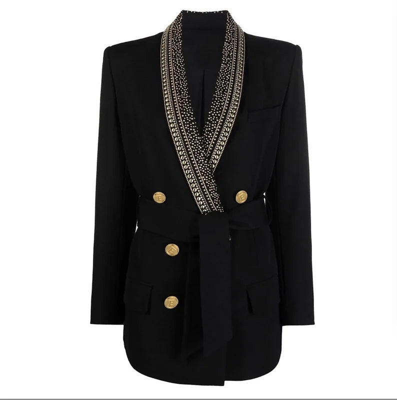 Golden Buttons for Women Mid length Belted Loose Fit Jacket Blazer Coat with Golden Studs  This season's must-have item is a mid-lenth blazer with a belt. In a chilly morning or evening, you will stay warm and fashionable wearing it. You may give it a funky, informal look by pairing it with some jeans or leggings. For a more formal appearance in settings like the office, business meetings, interviews, and so forth, you can also wear a pair of trousers.
