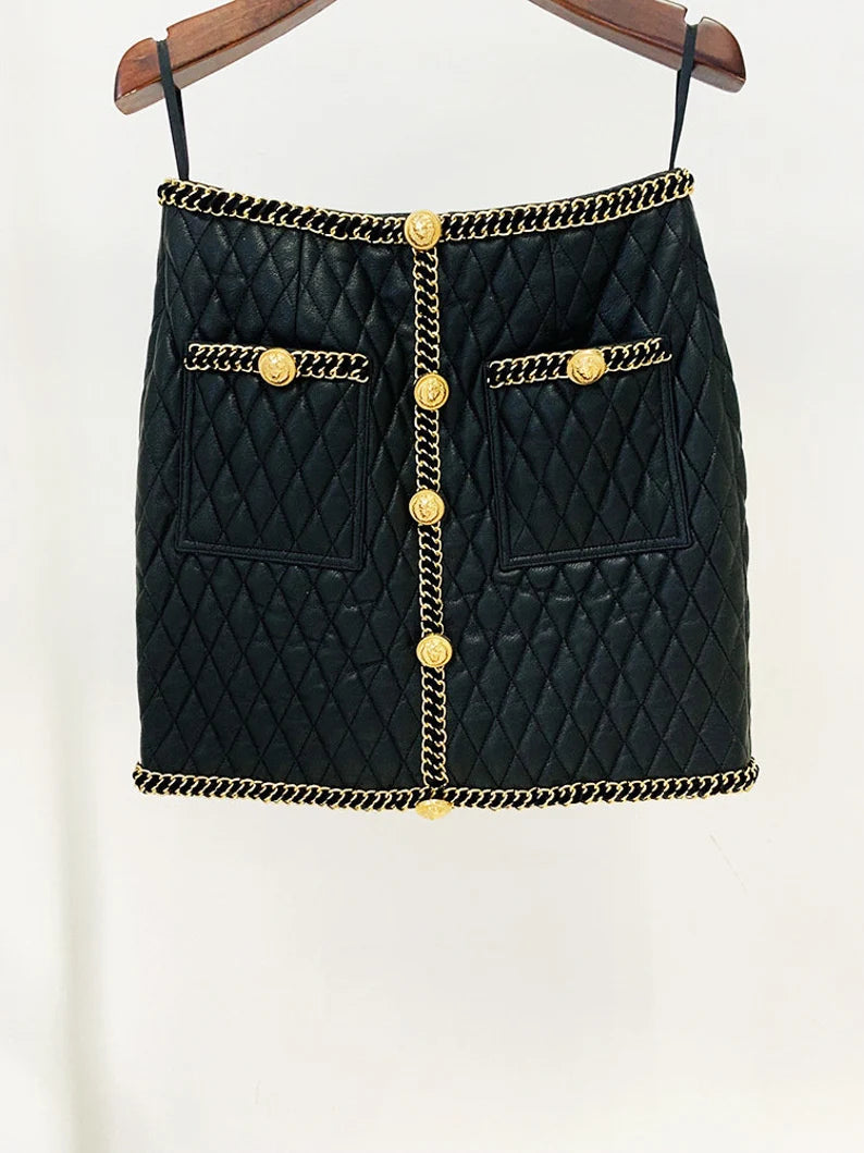 Faux Leather Golden Buttons Quilted Loose Fit Jacket + Mini Skirt Suit Black with Golden Chain Trim, Formal Suit, Christmas Party