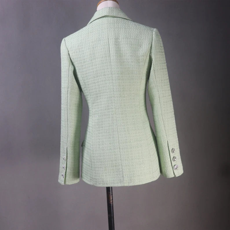Tailor Stitch Mid-length light green fitted jacket made to order for women, complete with a dress, shorts, or skirt.   For formal/office occasions like business meetings, graduations, weddings, evening dinners, and so forth, this light green tweed suit is always in style. Crop jacket designs make them fashionable and unboring.