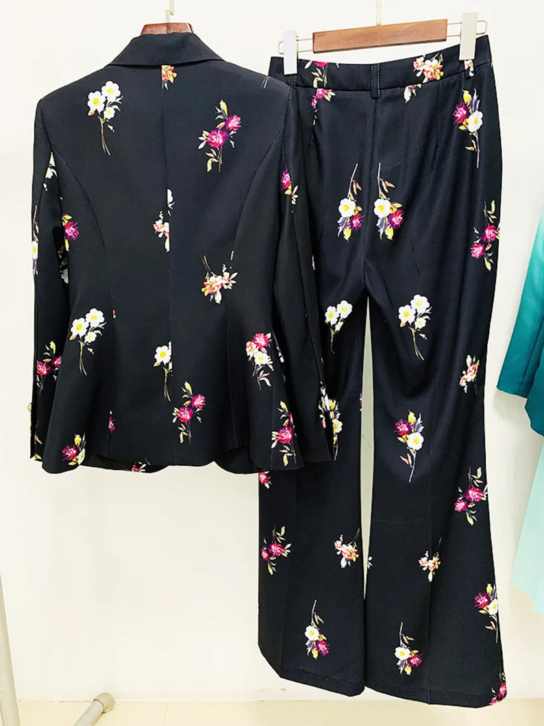 Black Floral Suit Fitted Blazer + Flare Trousers