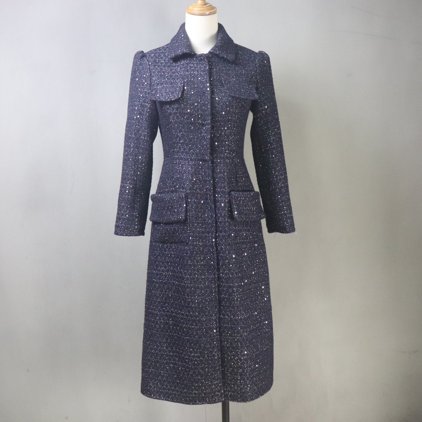 Navy Sequinned Tweed Dress and Long Coat Set, Made-to-Measure, Any length