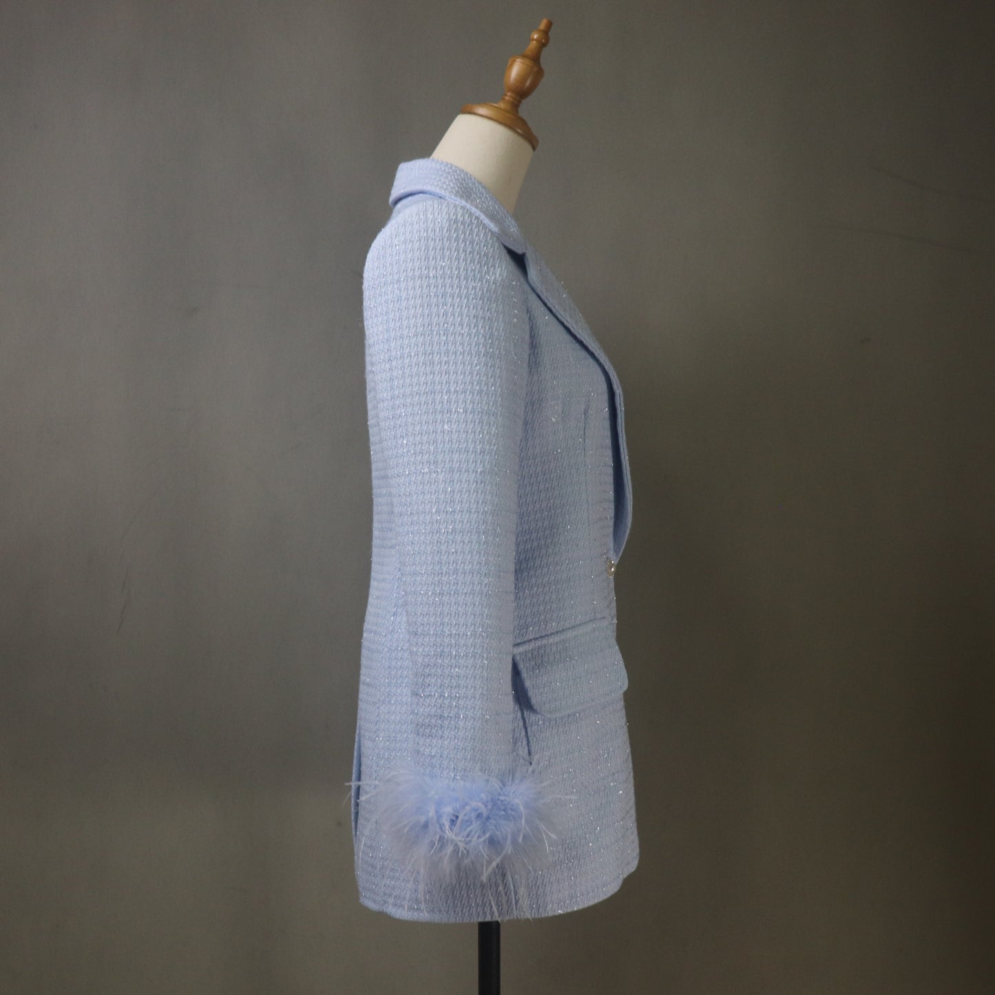 Custom Made Blue Tweed Suit Set with Feather Trim