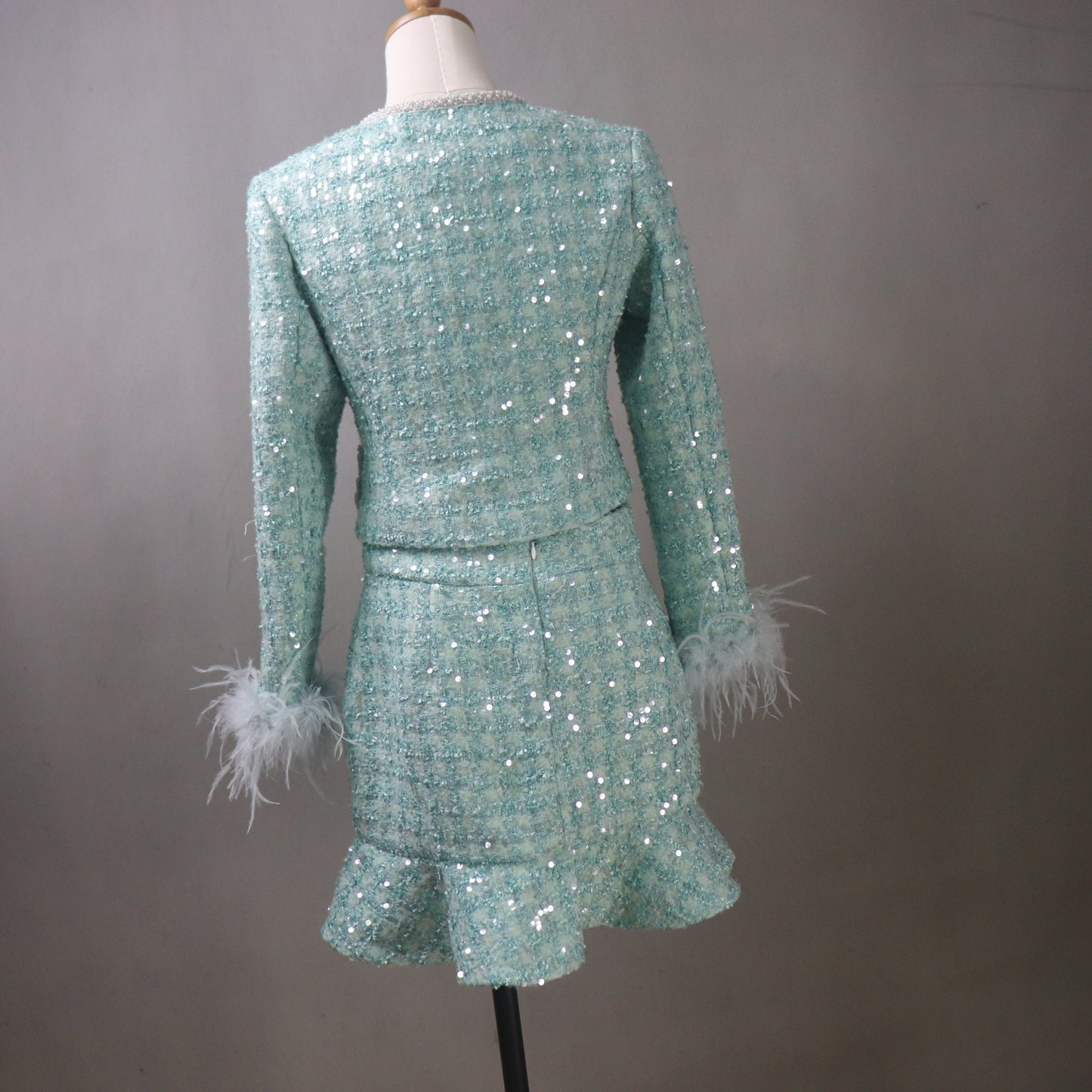 Custom Aqua Sequin Tweed Skirt Suit – Made-to-Measure, Fish Tail Skirt Set with Feather Cuffs