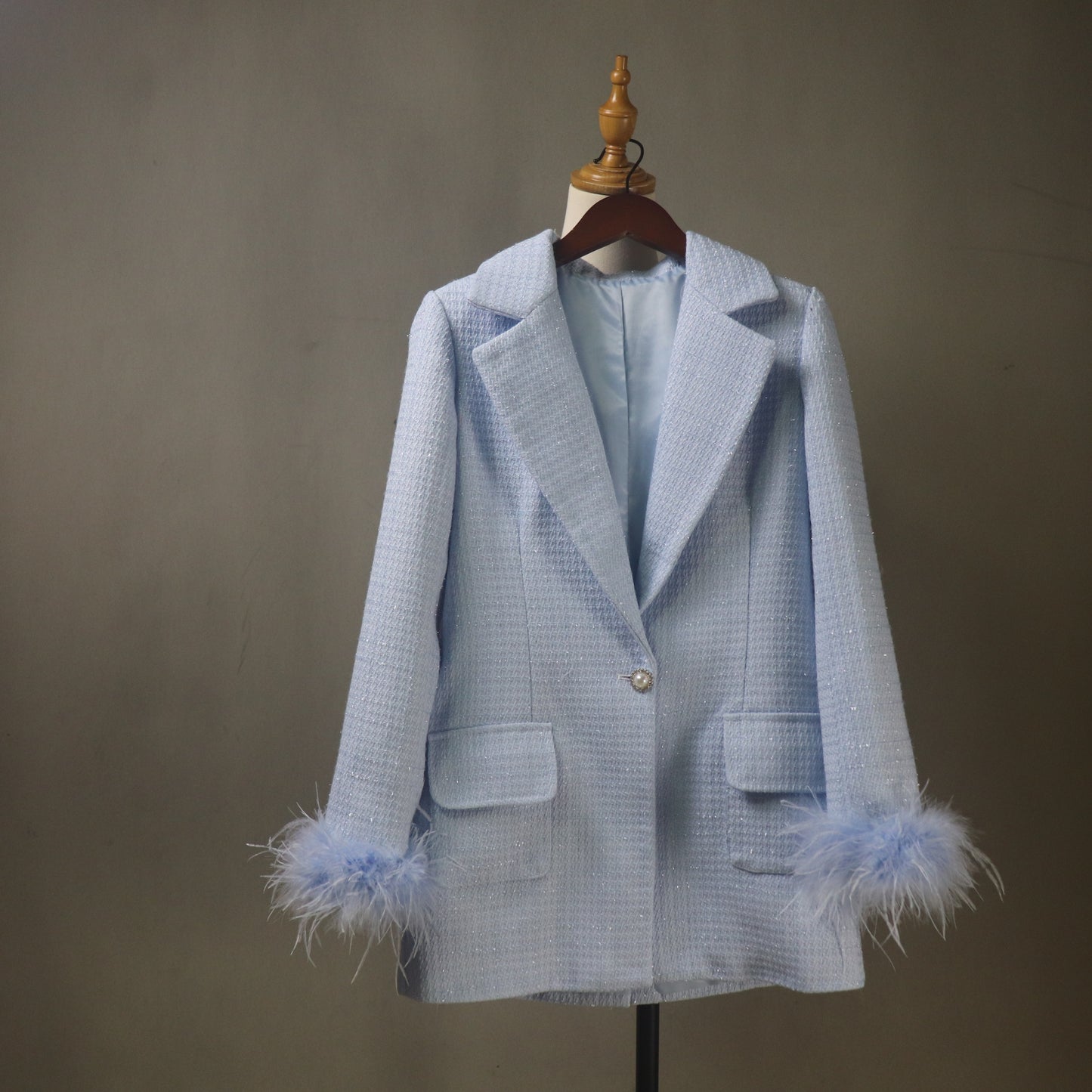 Custom Made Blue Tweed Suit Set with Feather Trim