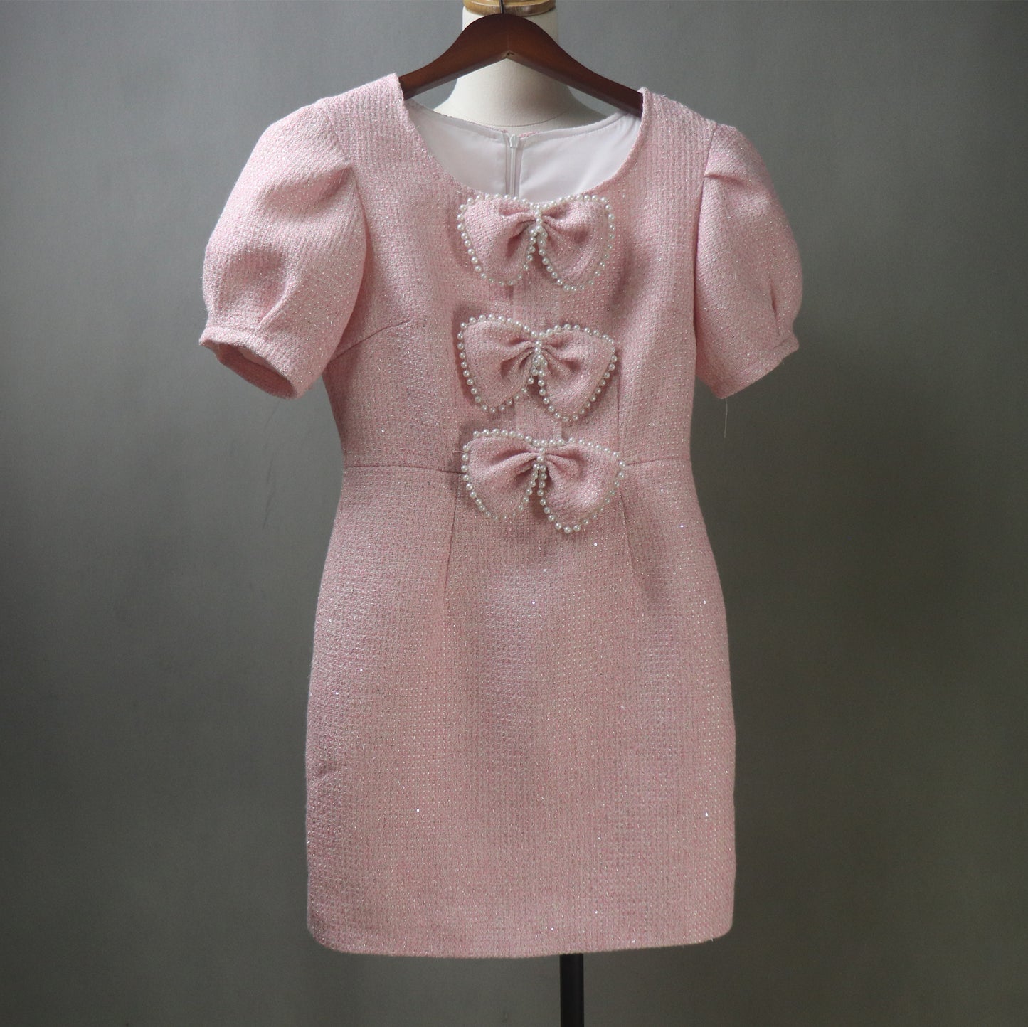 Custom Made Pink Tweed Dress with Puff Bubble Sleeves, Bows & Sequins