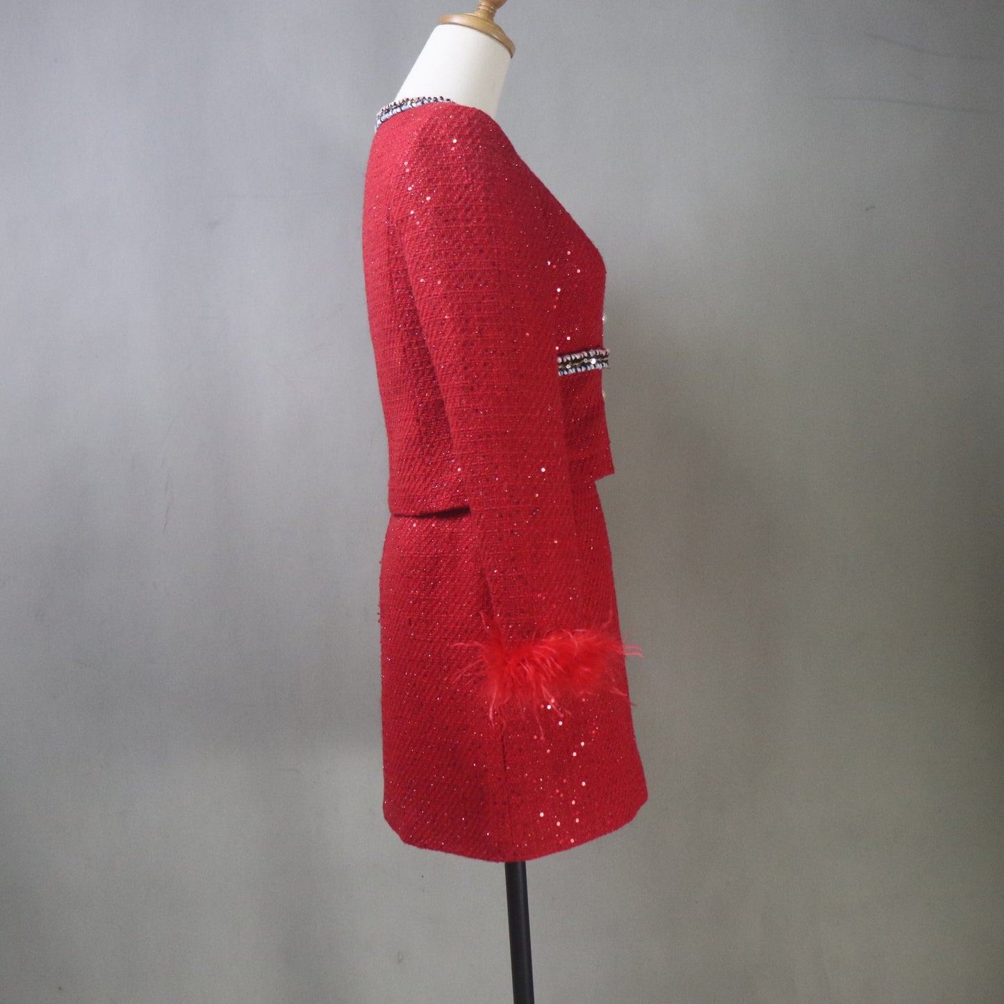 Red Sequin Tweed Skirt Suit with Feather Cuffs – Custom Handmade Women’s Two-Piece Outfit