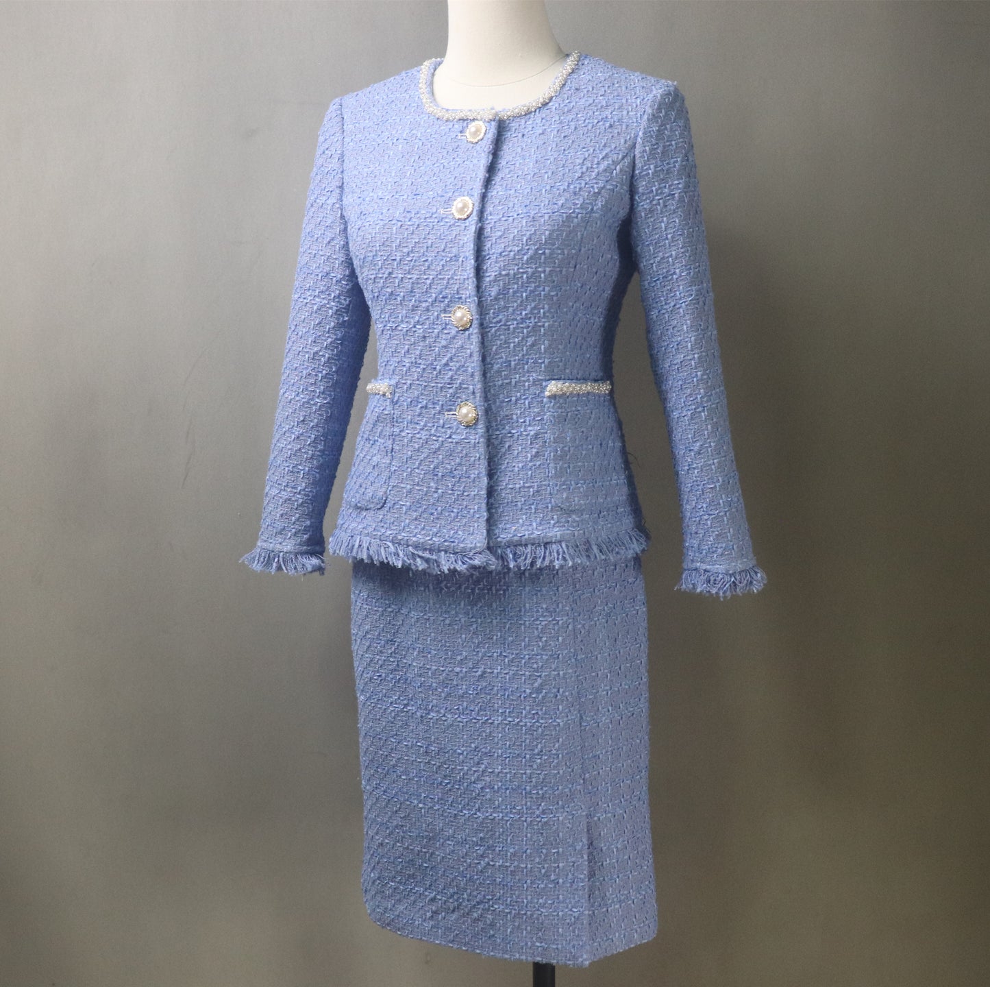 Blue Tweed Skirt Luxury Suit with Pearls