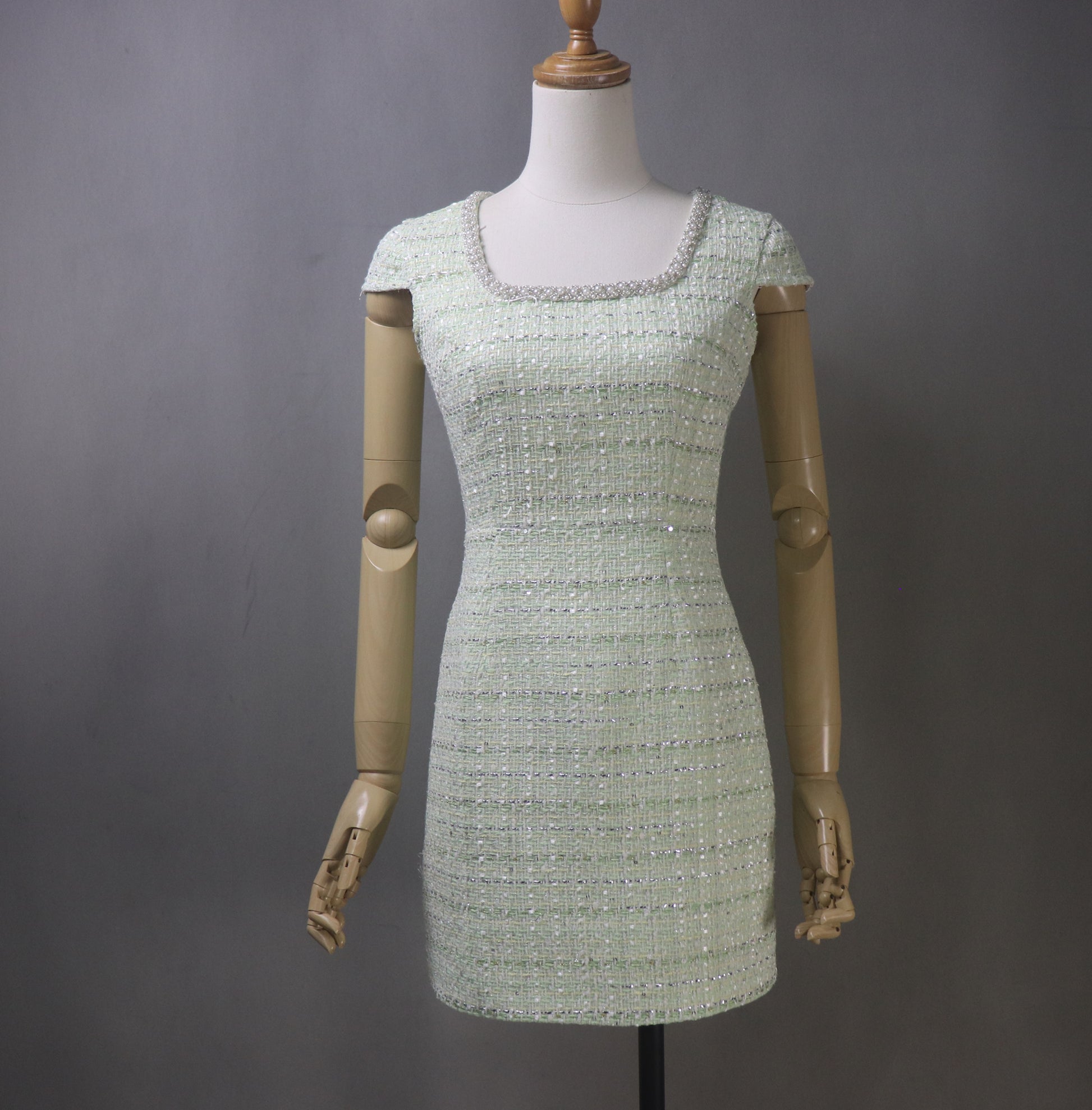Custom Made Light Green Dress with Pearls Trim Custom Made Light Green Dress with Pearls Trim