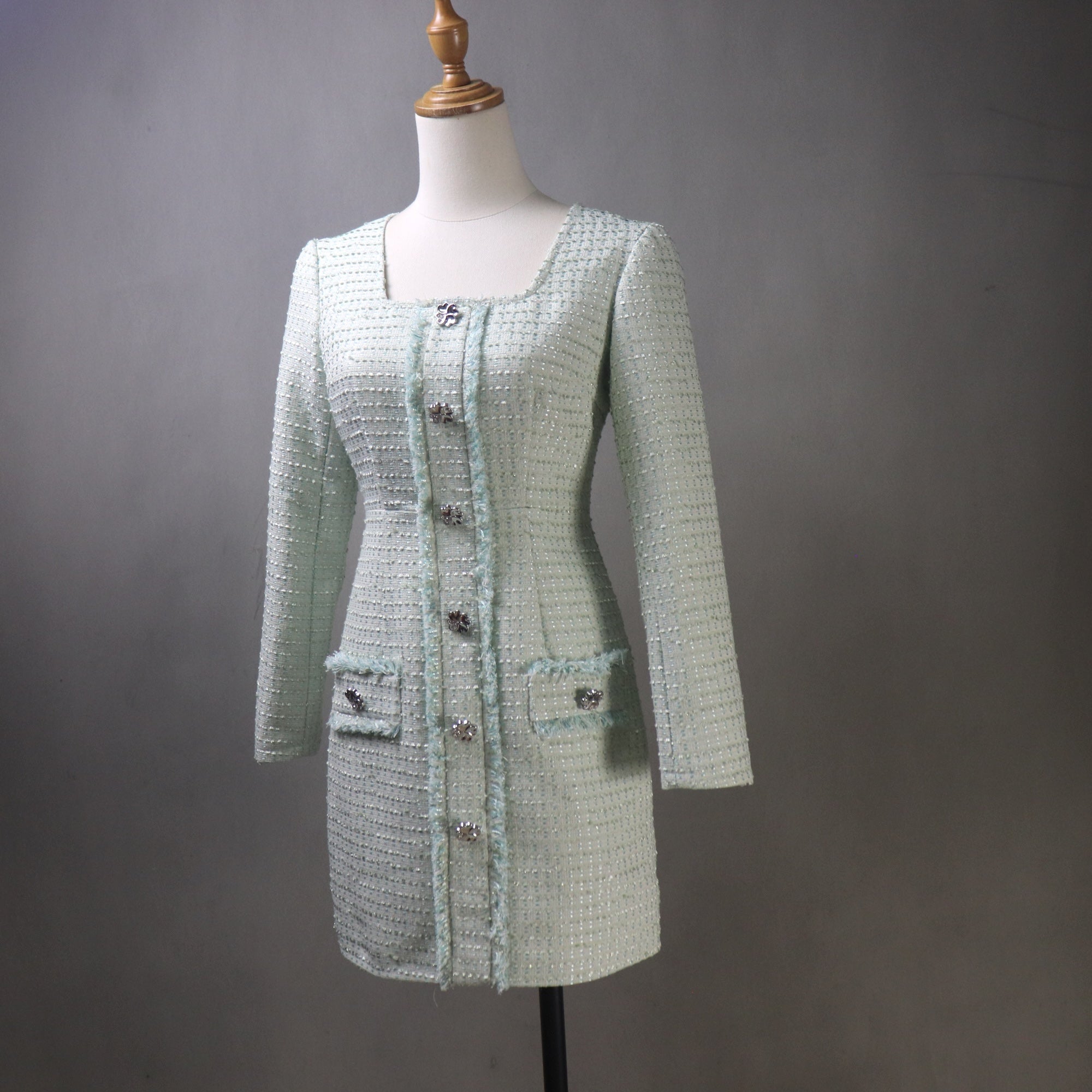 Custom Women's Light Green Tweed Mini-Long Fitted Dress with Square Ne Custom Women's Light Green Tweed Mini-Long Fitted Dress with Square Ne
