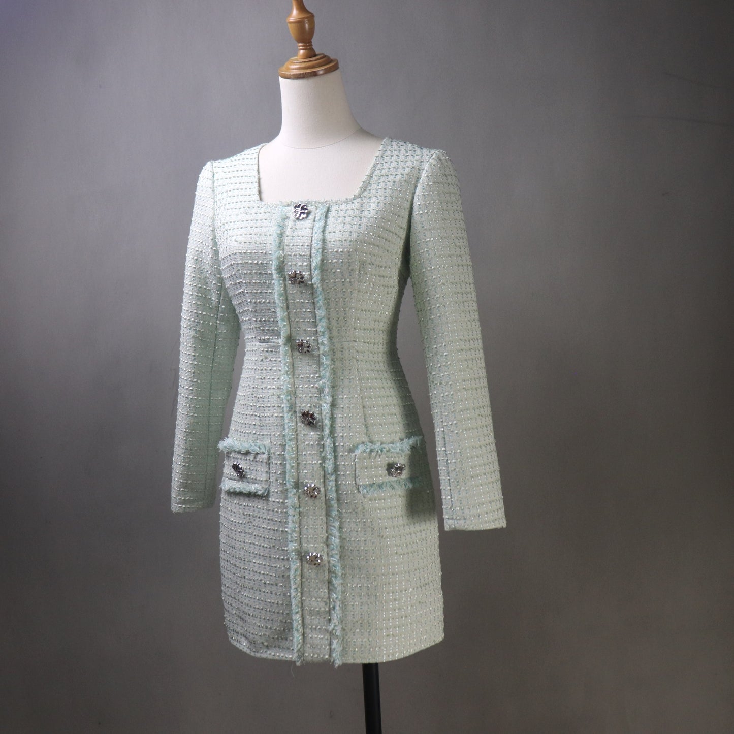 Custom Pink Tweed Dress – Made to Order Square Neck Shift with Crystal Buttons & Sequins