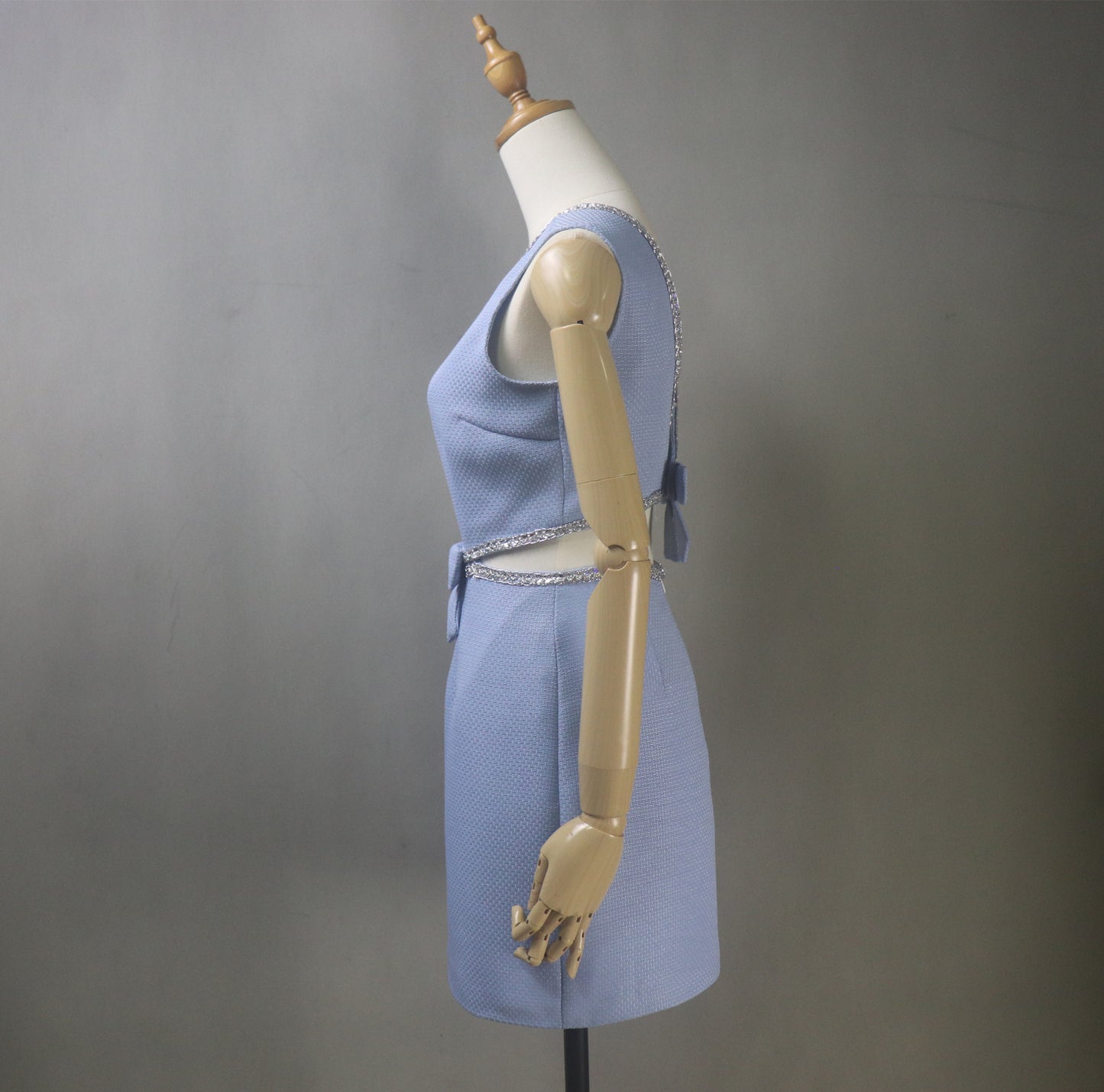 Bespoke Summer Sexy Blue Tweed Dress with a Bow