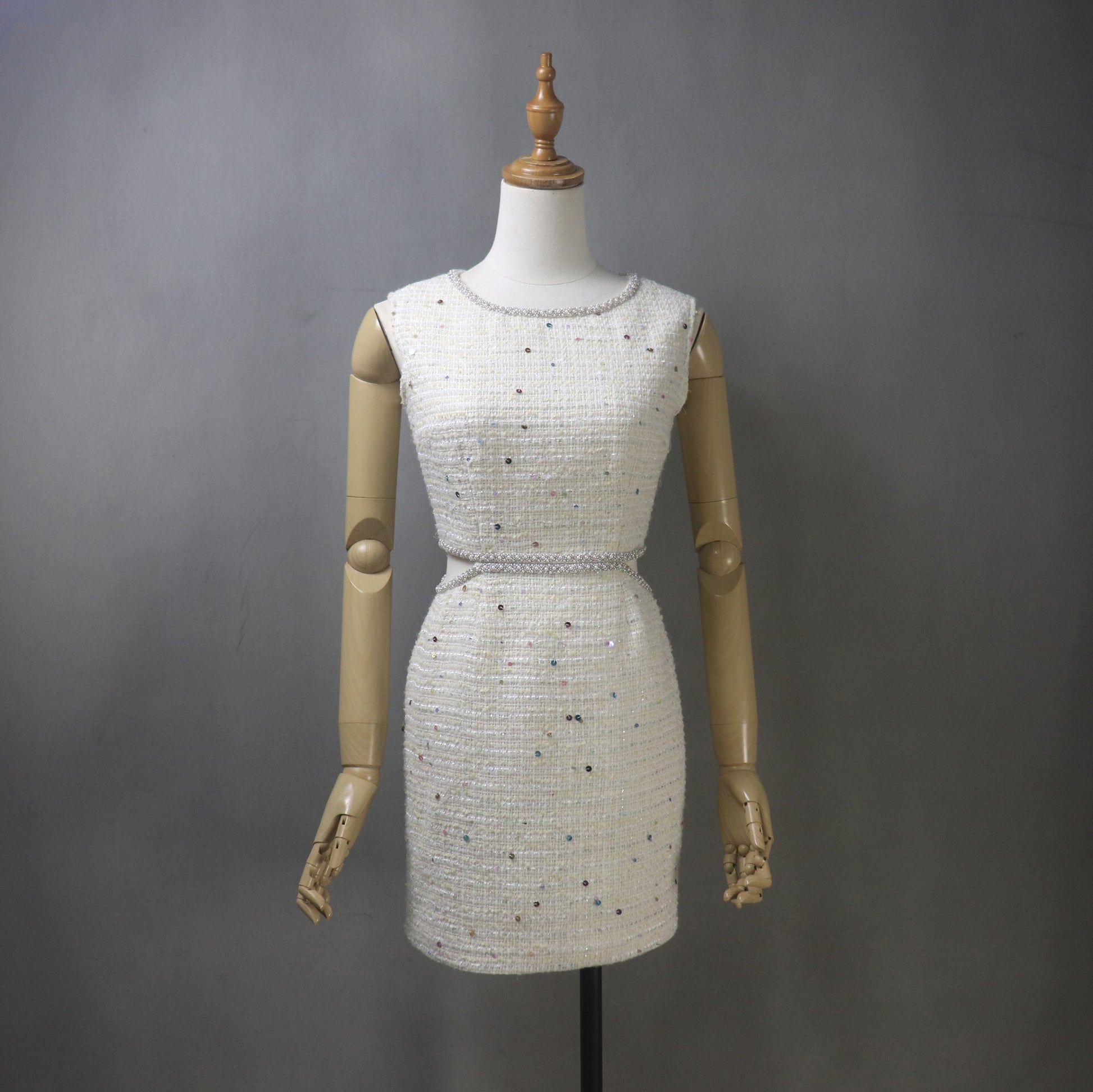 Custom Light Beige Tweed Dress with Pearl Trim & Multicolor Sequins Custom Light Beige Tweed Dress with Pearl Trim & Multicolor Sequins