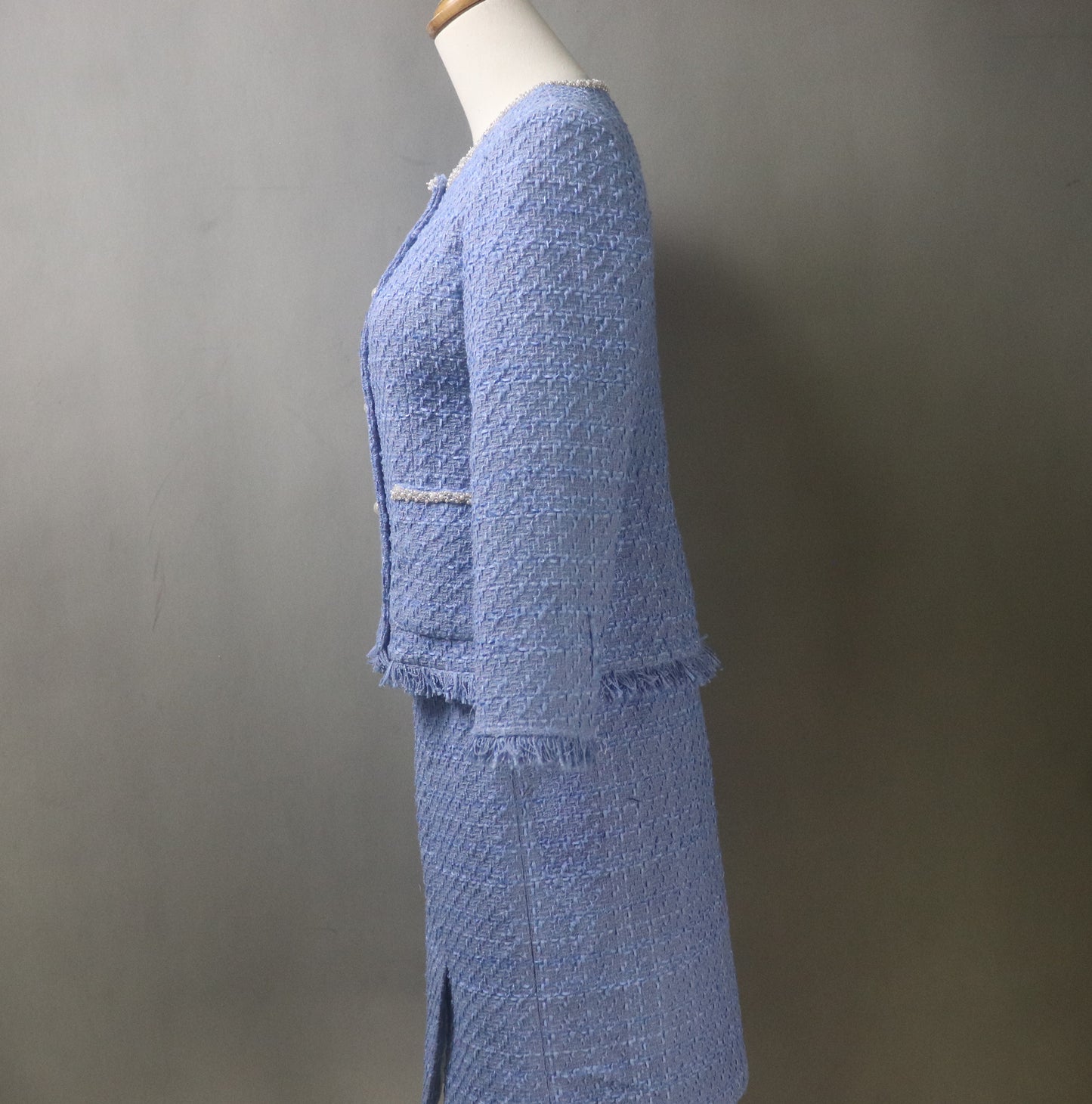 Blue Tweed Skirt Luxury Suit with Pearls