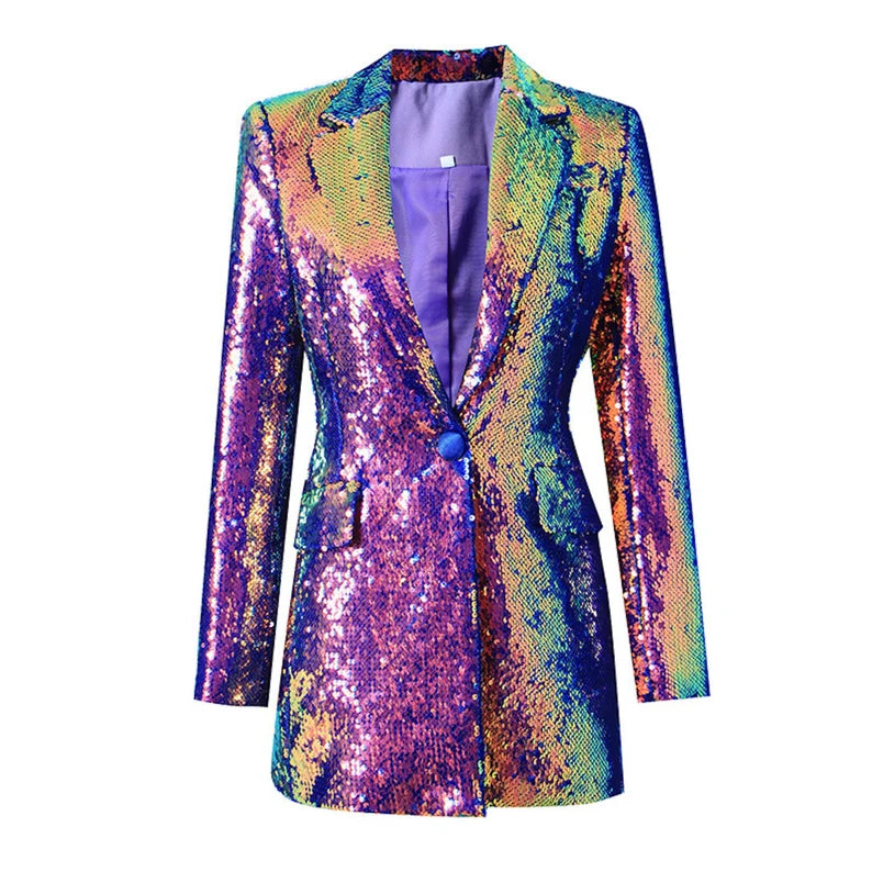 If you want to add a colourful and playful accent to your party clothing, the Party clothing One Button Rainbow Multi-Color/Black Sequinned Mid-length Blazer Coat for Women is a daring and colourful option. It is the perfect outfit for a variety of events where you want to make a fashionable statement thanks to its vibrant sequin design and adaptable silhouette.