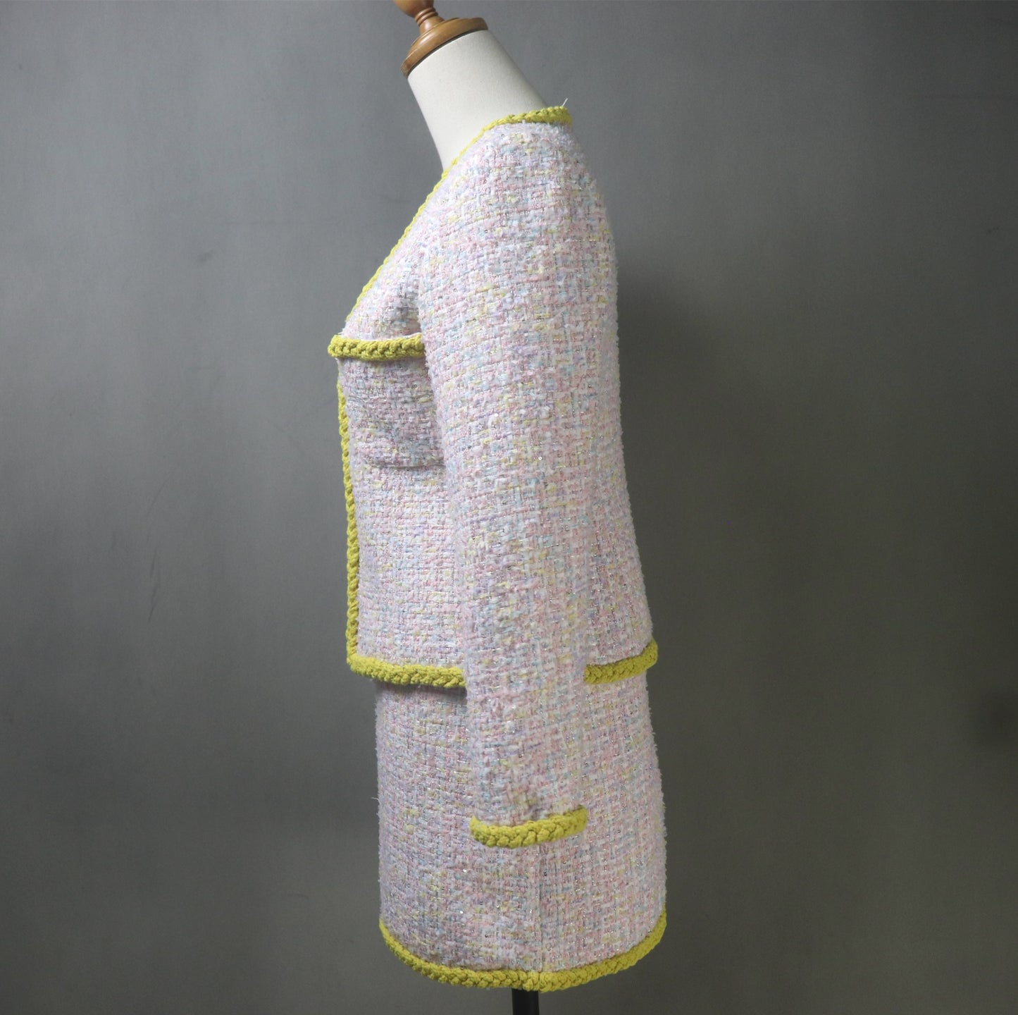 Pink Yellow Tweed Skirt Suit with Sequins